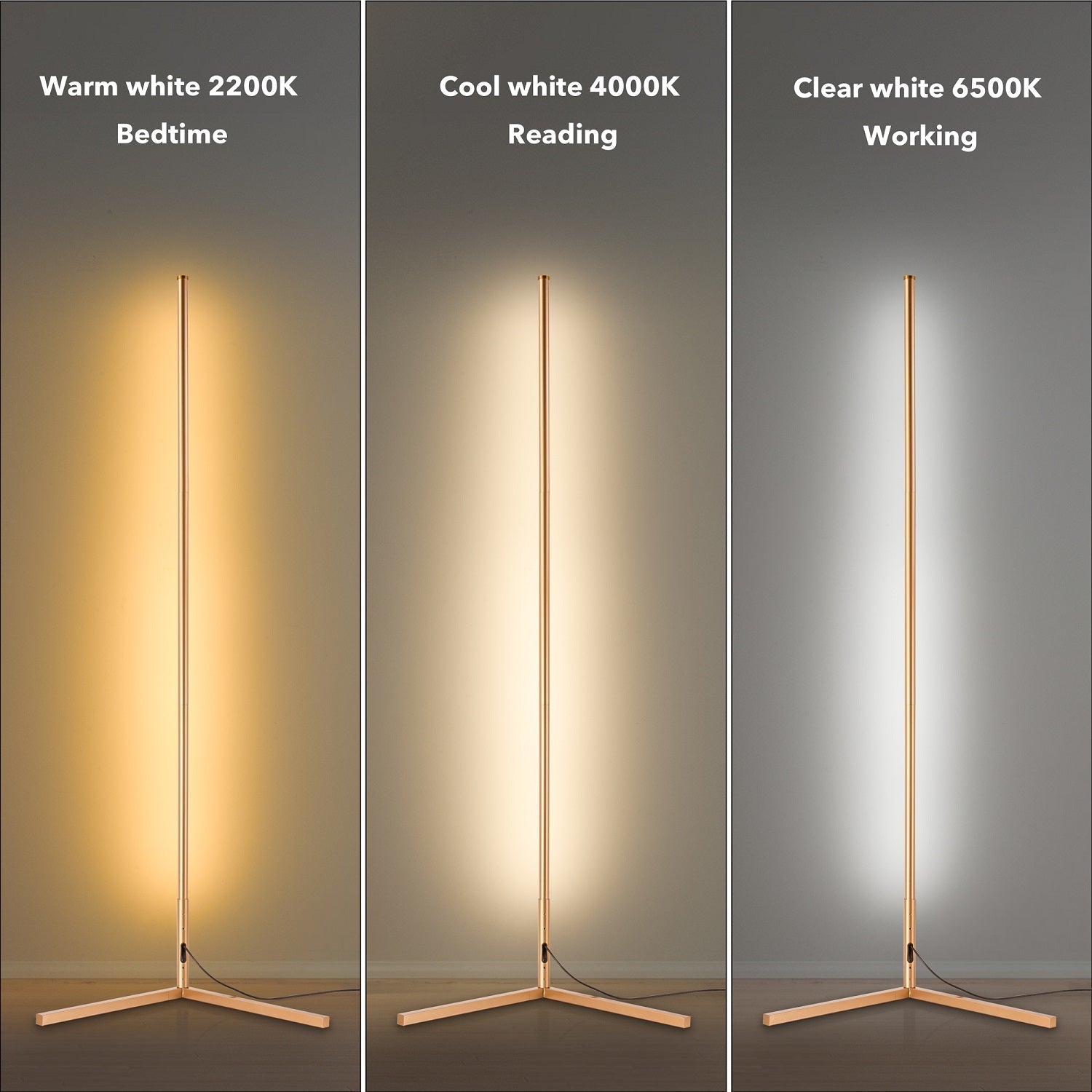 RGBCW Corner Floor Lamp - Gold showing adjustable warm, cool, and clear white LED lighting for versatile ambiance.