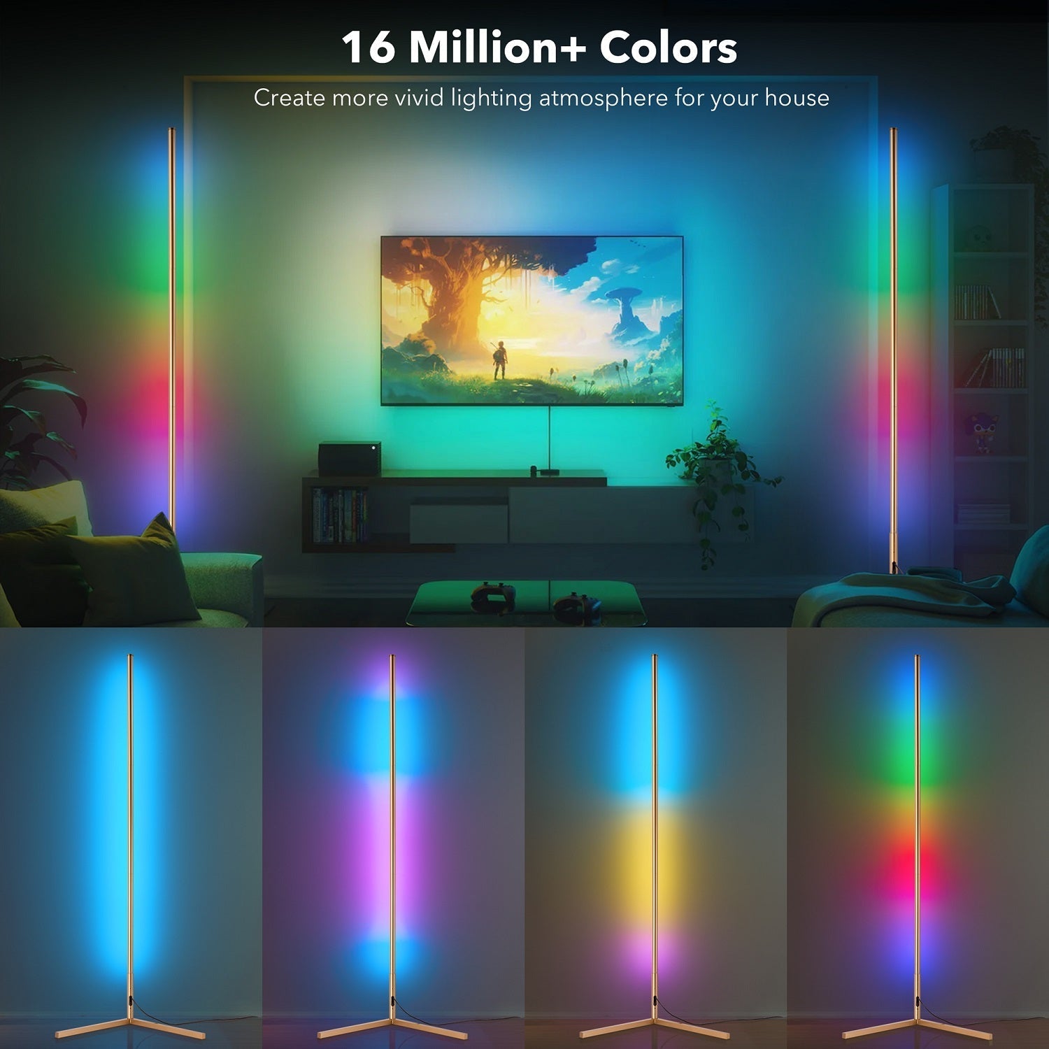 RGBCW Corner Floor Lamp - Gold with 16 million+ colors and customizable LED lighting for vibrant corner ambiance.