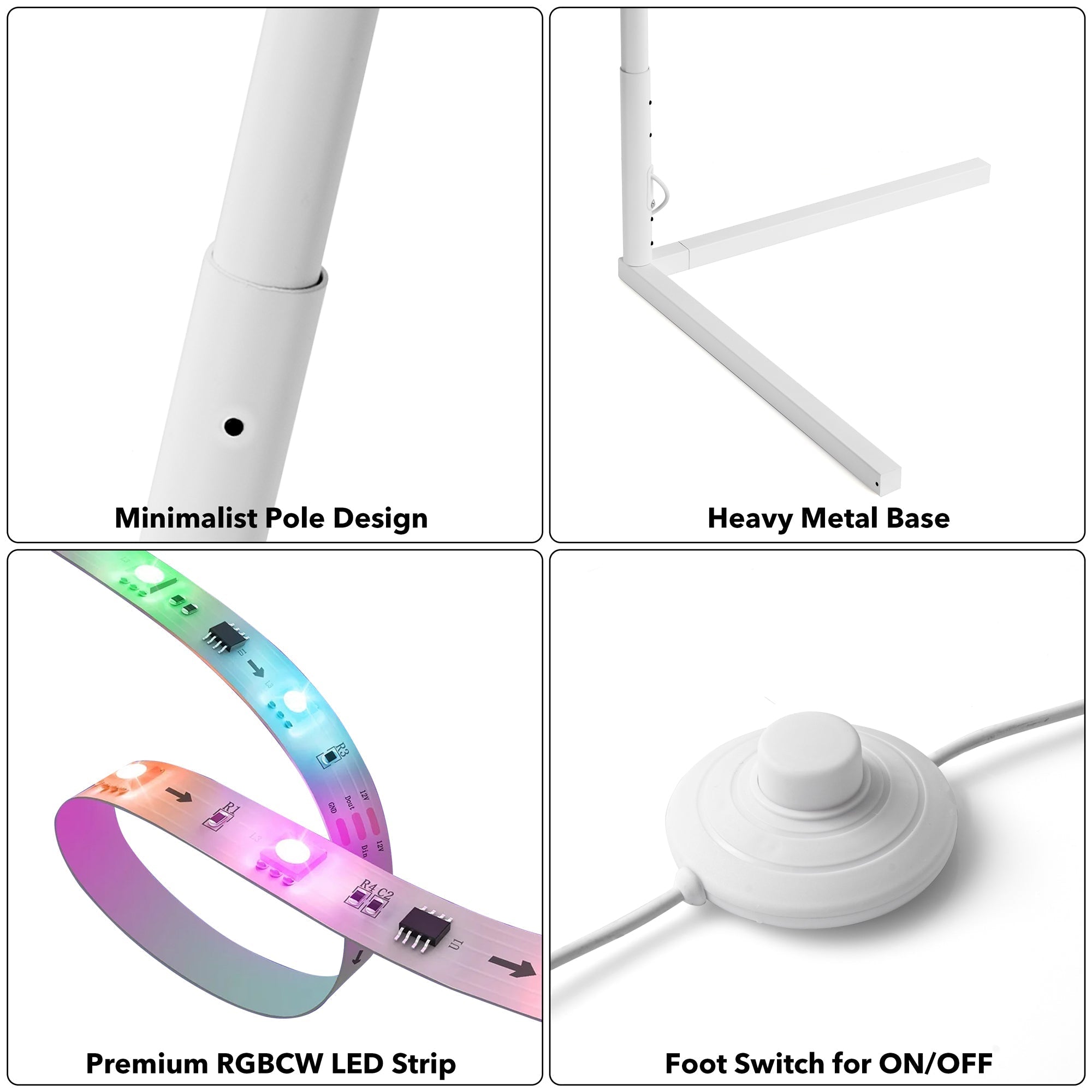 RGBCW Corner Floor Lamp - White with minimalist pole, heavy metal base, RGB LED strip, and foot switch for easy control.