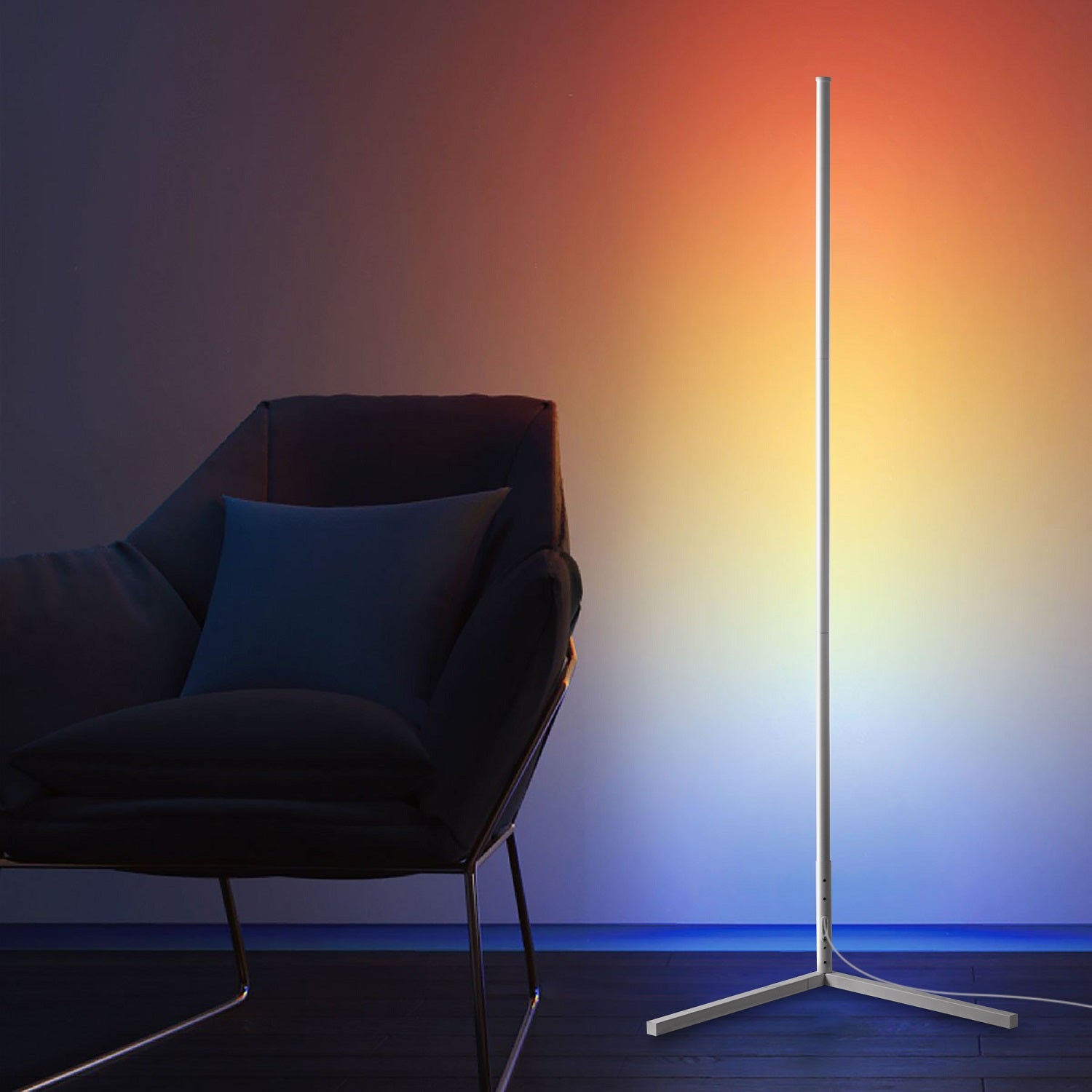 RGBCW Corner Floor Lamp - White illuminating a modern room corner with adjustable RGB and cool white lighting.