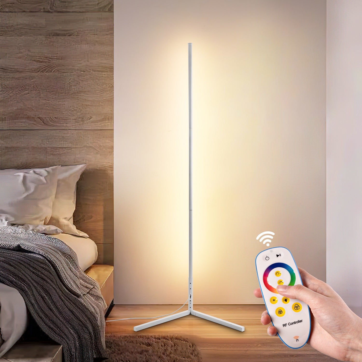 RGBCW Corner Floor Lamp - White with remote control, sleek corner design perfect for adjustable RGB and cool white lighting.