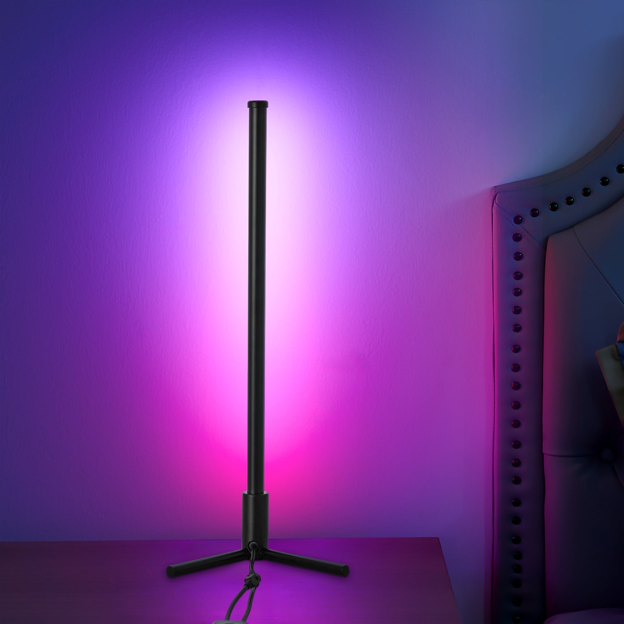 RGBCW Corner Table Lamp - Black with customizable RGB lighting, sleek design, perfect for modern home or office corners.