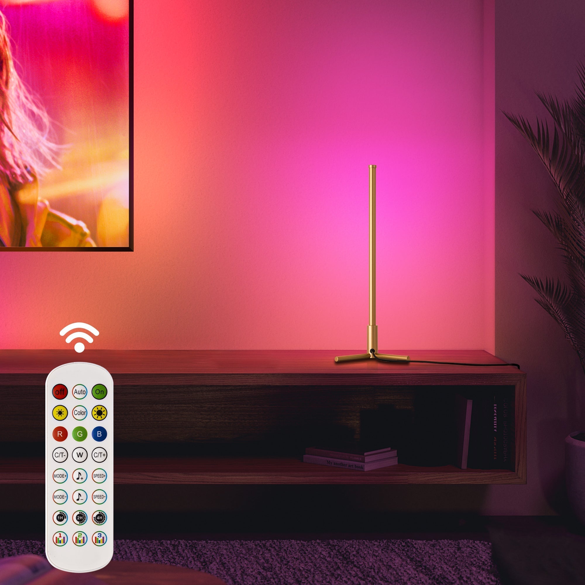 RGBCW Corner Table Lamp - Gold with remote control, minimalist vertical design, and vibrant RGB lighting effects.