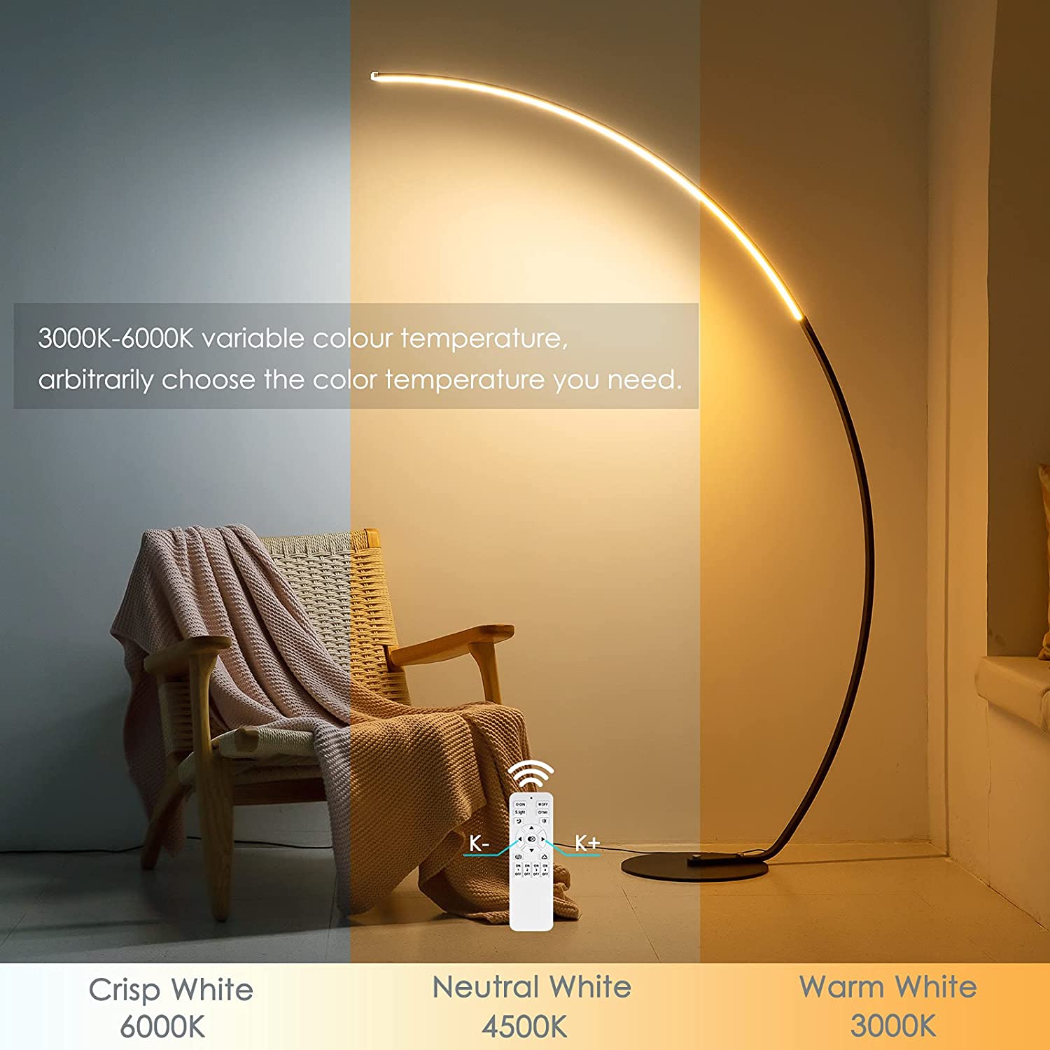 RGBW Modern Curve Floor Lamp with adjustable color temperature from warm to crisp white for elegant lighting.