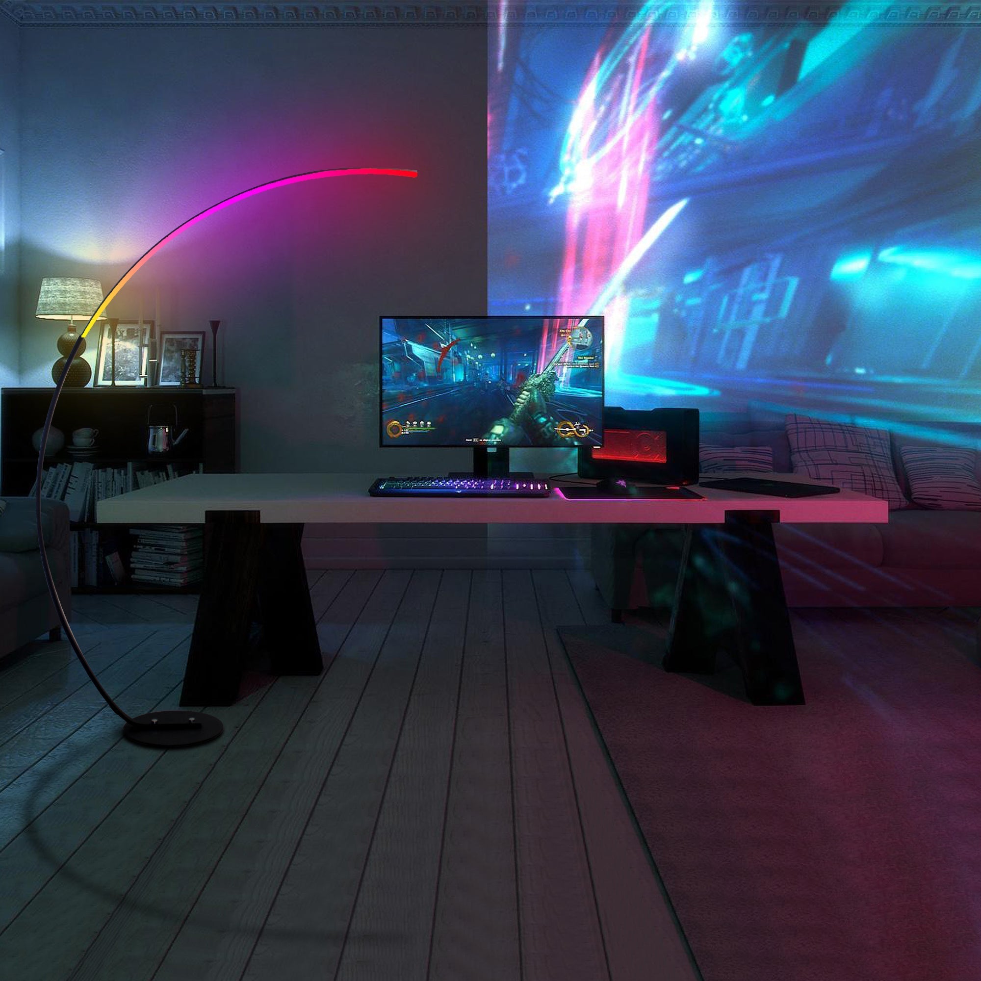 RGBW Modern Curve Floor Lamp illuminating a modern gaming setup with vibrant LED and incandescent lighting.