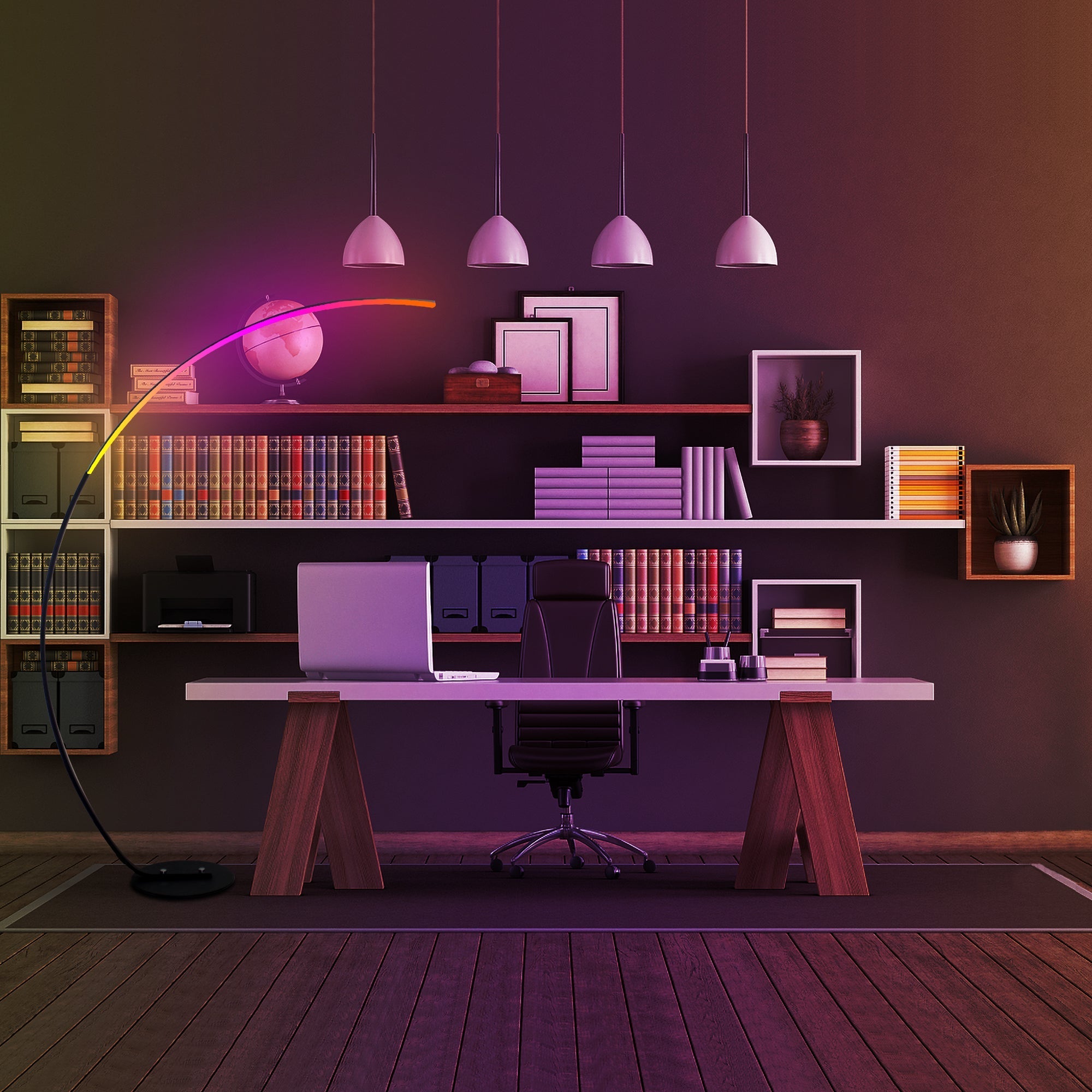 RGBW Modern Curve Floor Lamp with sleek curved design and energy-efficient LED lighting for stylish office illumination.