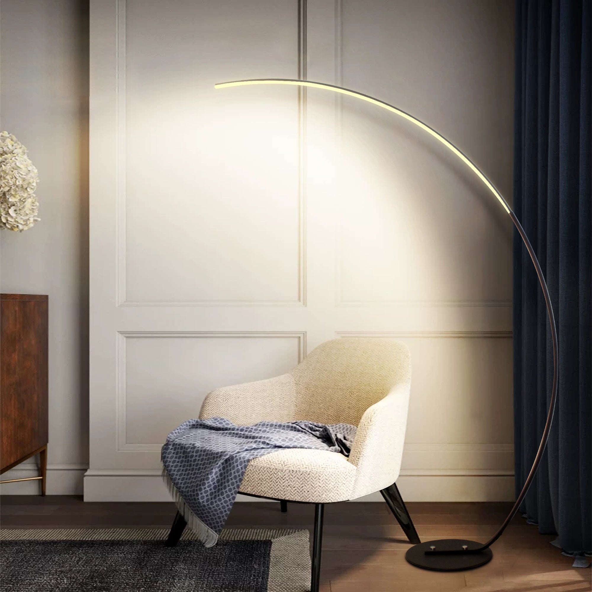 RGBW Modern Curve Floor Lamp with energy-efficient LED light and elegant curved design brightening a modern living space.