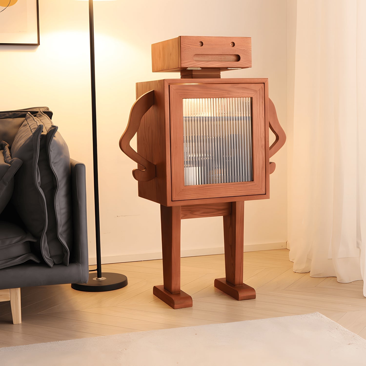 Robot Storage Cabinet in wood with robot design and glass door, perfect for unique modern home storage.