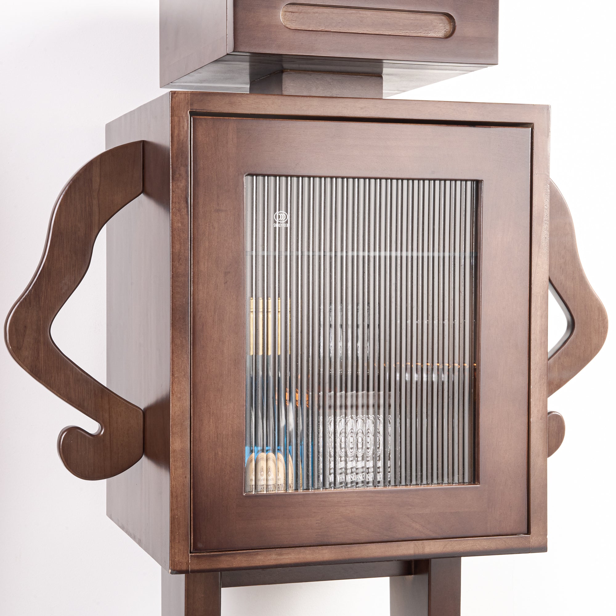 Robot Storage Cabinet in black walnut with glass door and unique robot arm handles for stylish storage and display.