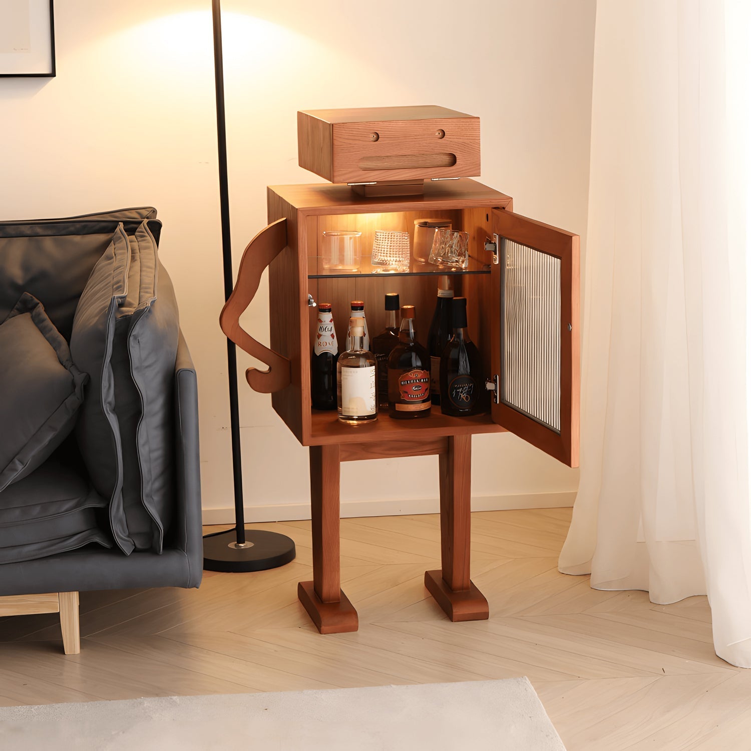 Robot Storage Cabinet in black walnut wood with open door displaying bottles and glassware, stylish modern bar storage.