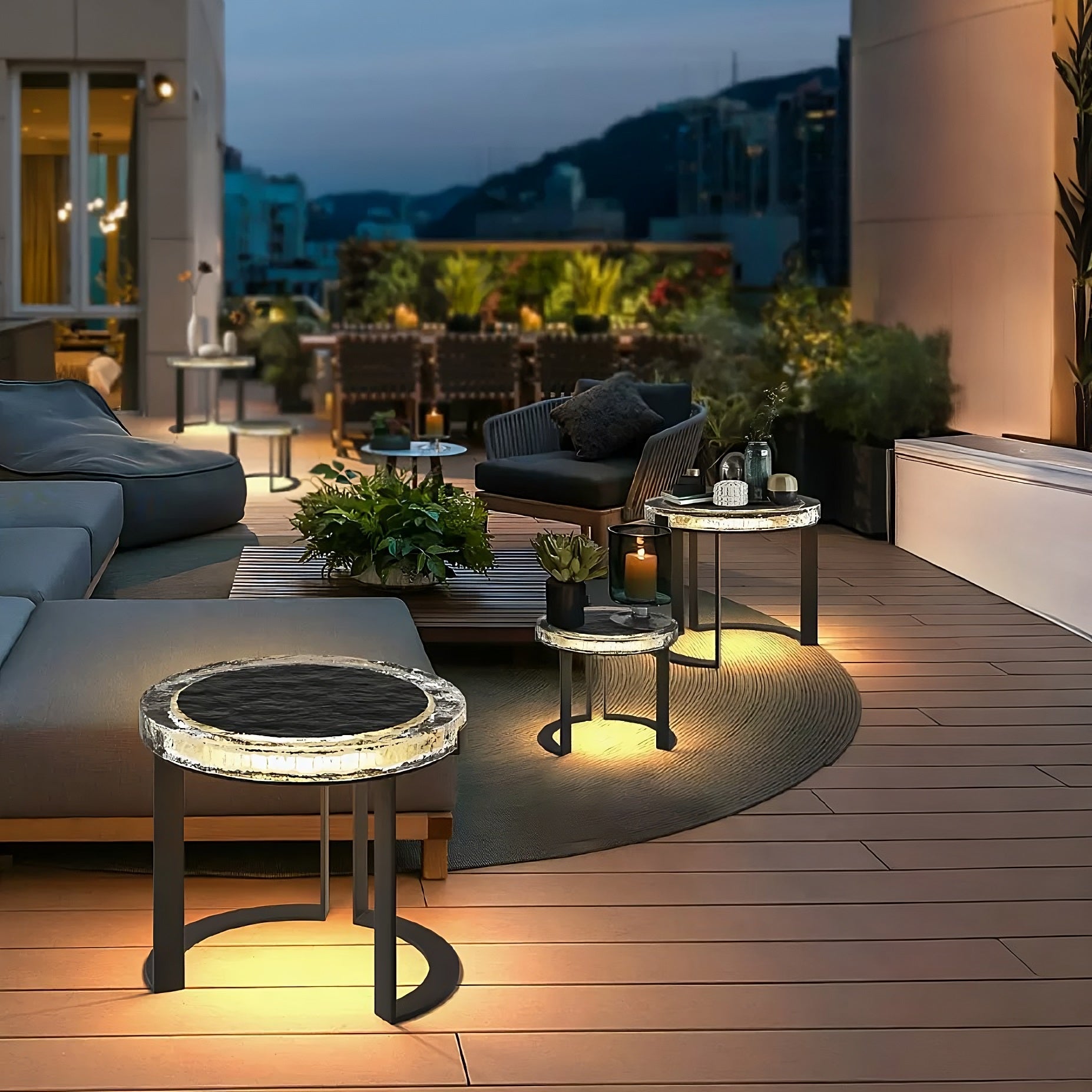 Solar Glow LED Garden Table illuminating a stylish patio with warm solar-powered light at night for elegant outdoor ambiance.