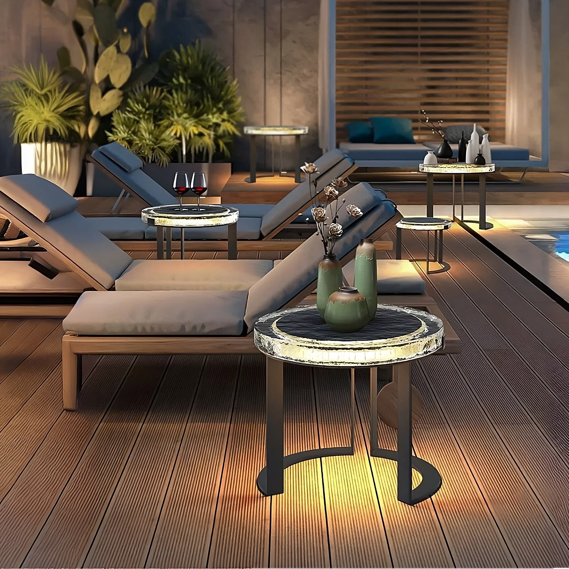 Solar Glow LED Garden Table glowing warmly by poolside, adding stylish ambiance to outdoor patio at night.