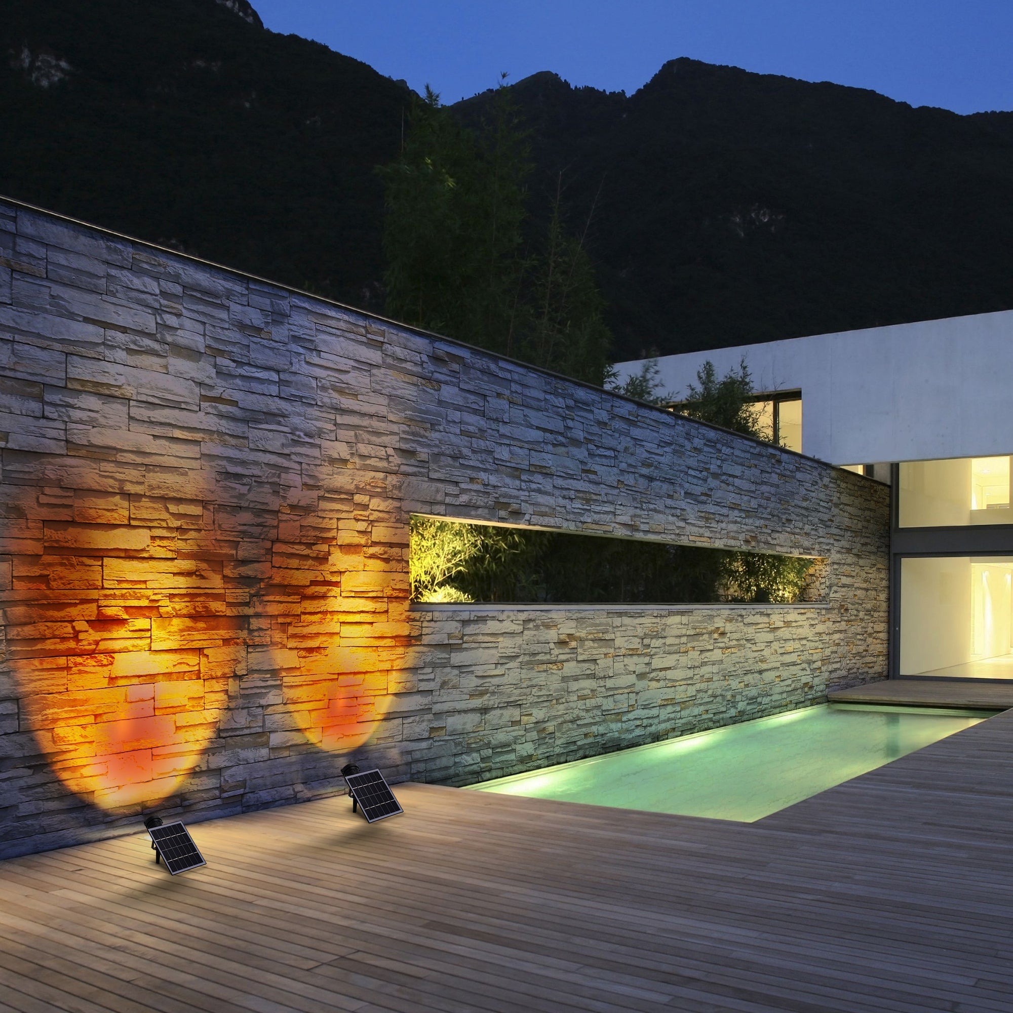 Solar Power Outdoor Sunset Projector Light casting warm sunset glow on wall, solar-powered, waterproof, perfect for outdoor ambiance.