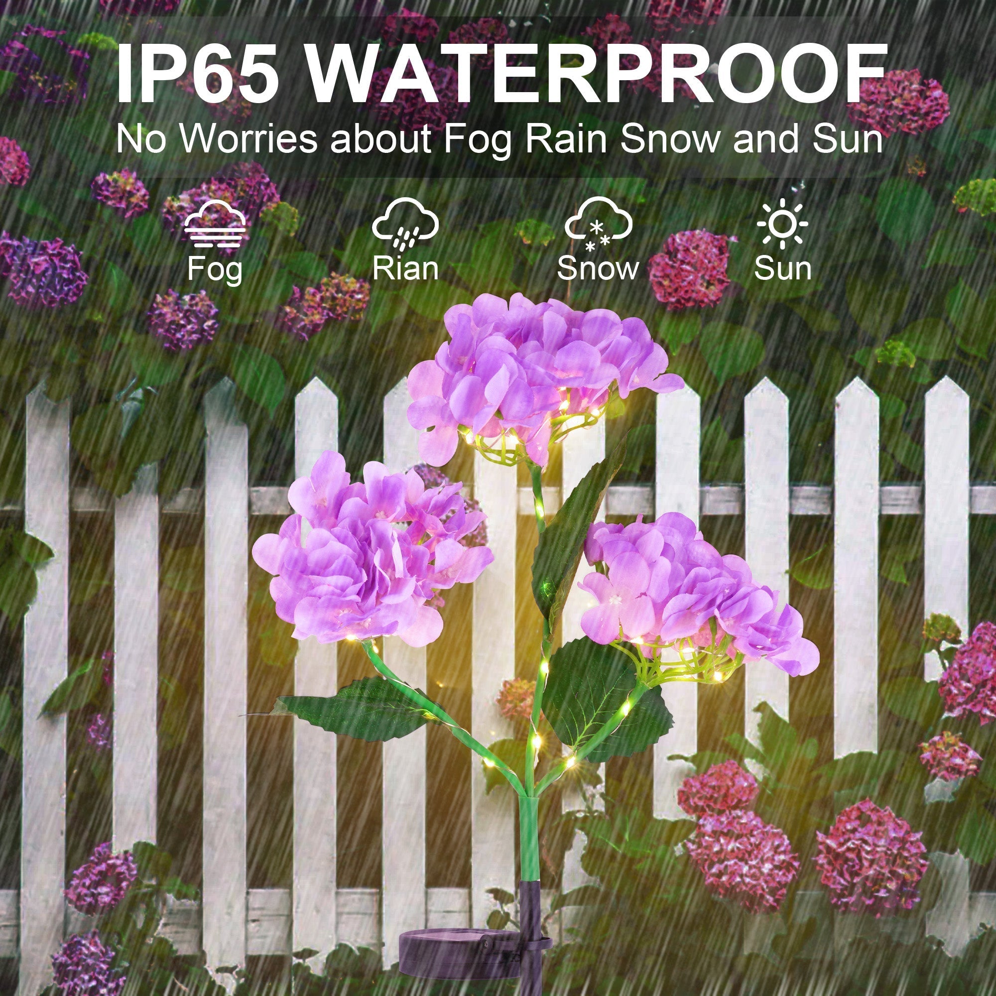 Solar Powered Hydrangea Pathway Light glowing in rain by white picket fence, showcasing waterproof and durable design.