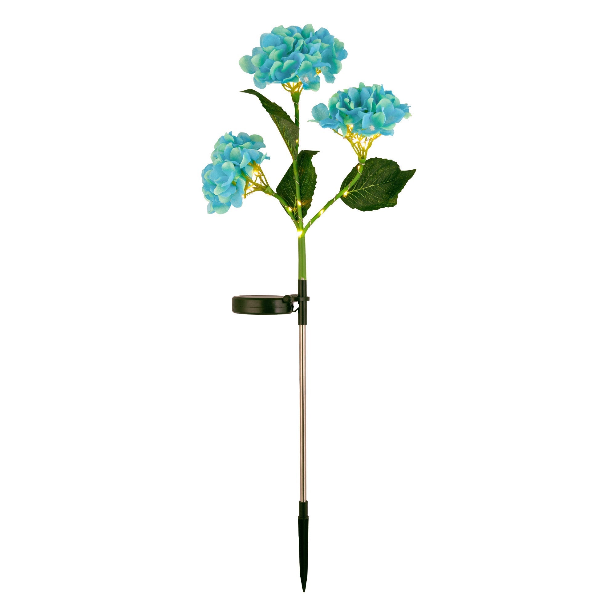 Solar Powered Hydrangea Pathway Light with blue blooms and solar panel for eco-friendly outdoor garden illumination.