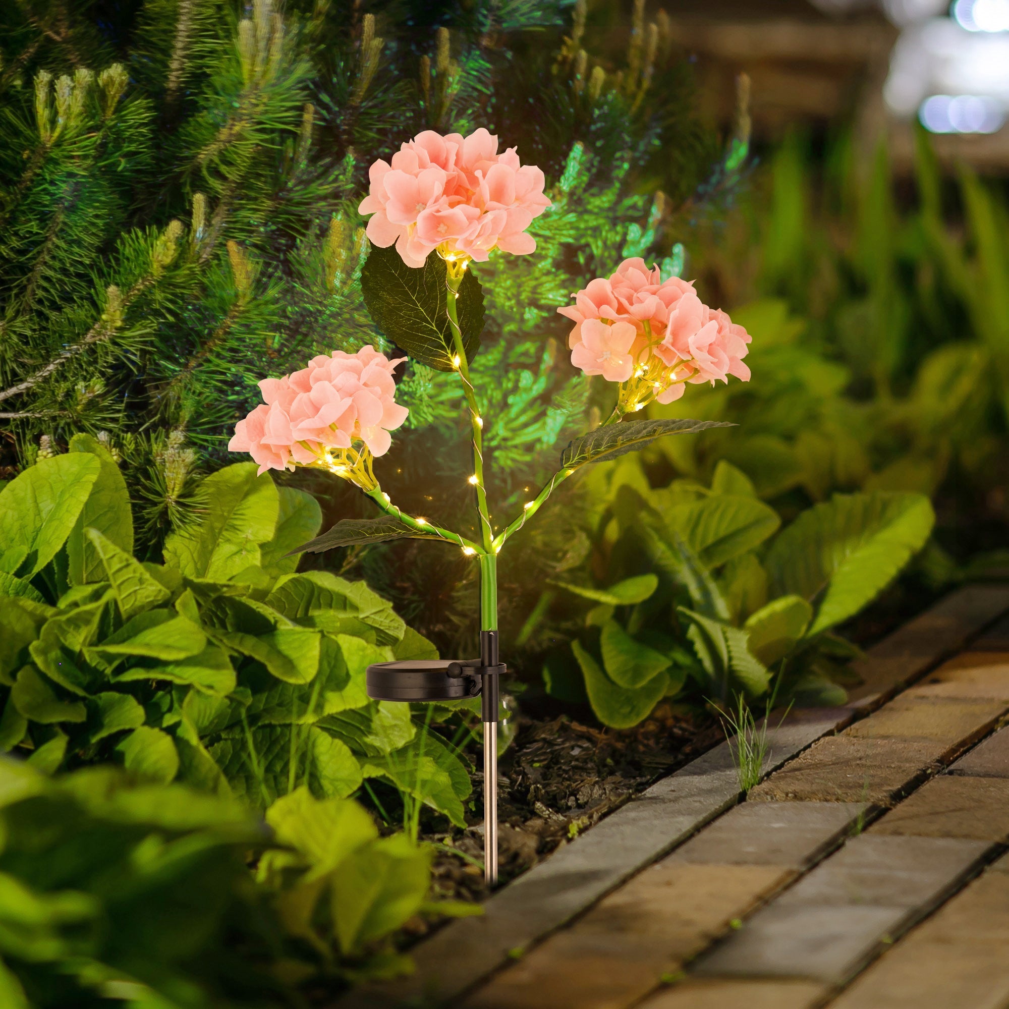 Solar Powered Hydrangea Pathway Light illuminating garden walkway with eco-friendly, wireless, floral-inspired design.