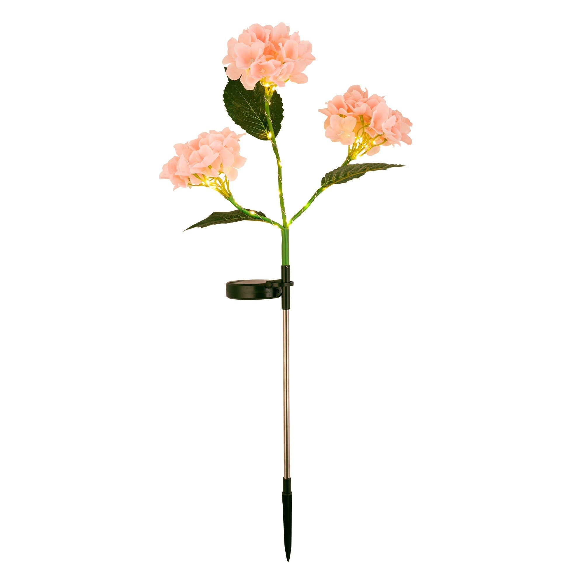 Solar Powered Hydrangea Pathway Light with soft pink blooms and solar panel for elegant, eco-friendly garden illumination.