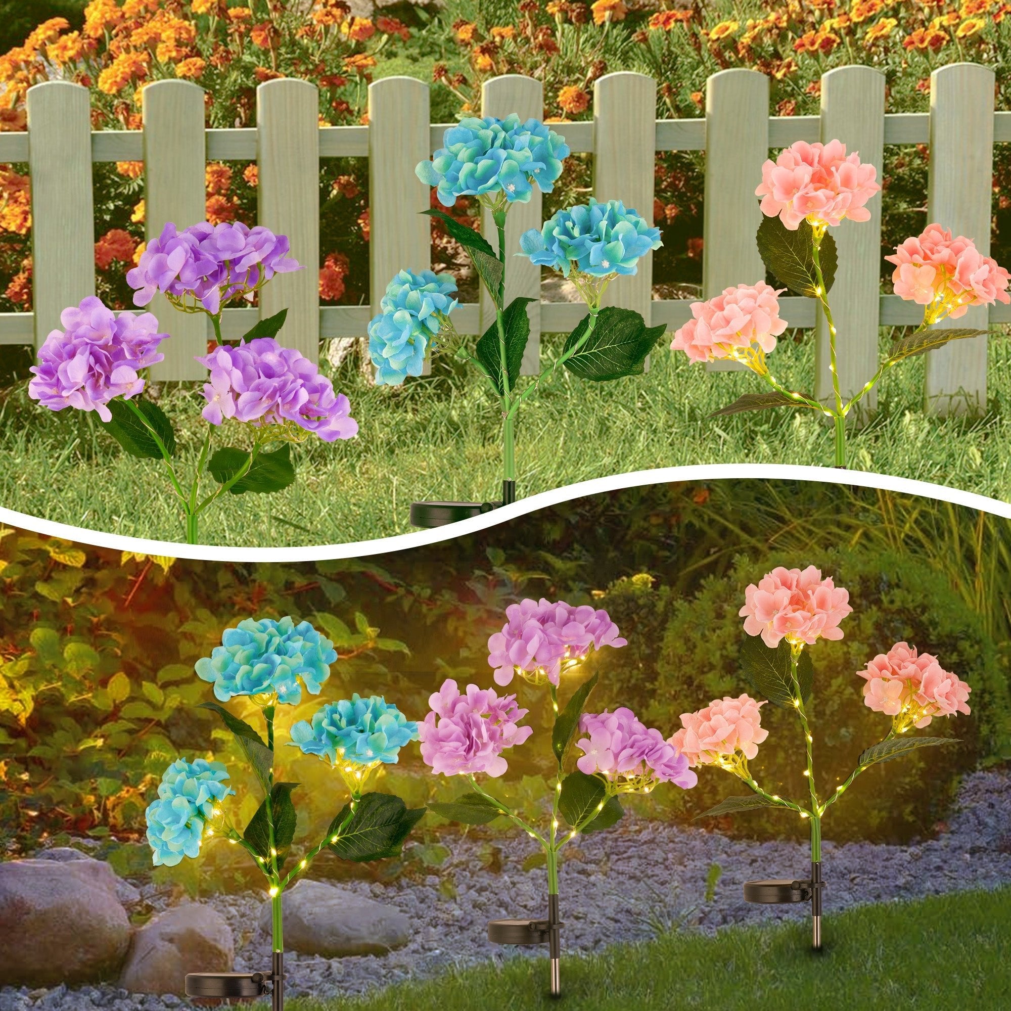 Solar Powered Hydrangea Pathway Light glowing softly along garden path, eco-friendly and stylish outdoor décor.