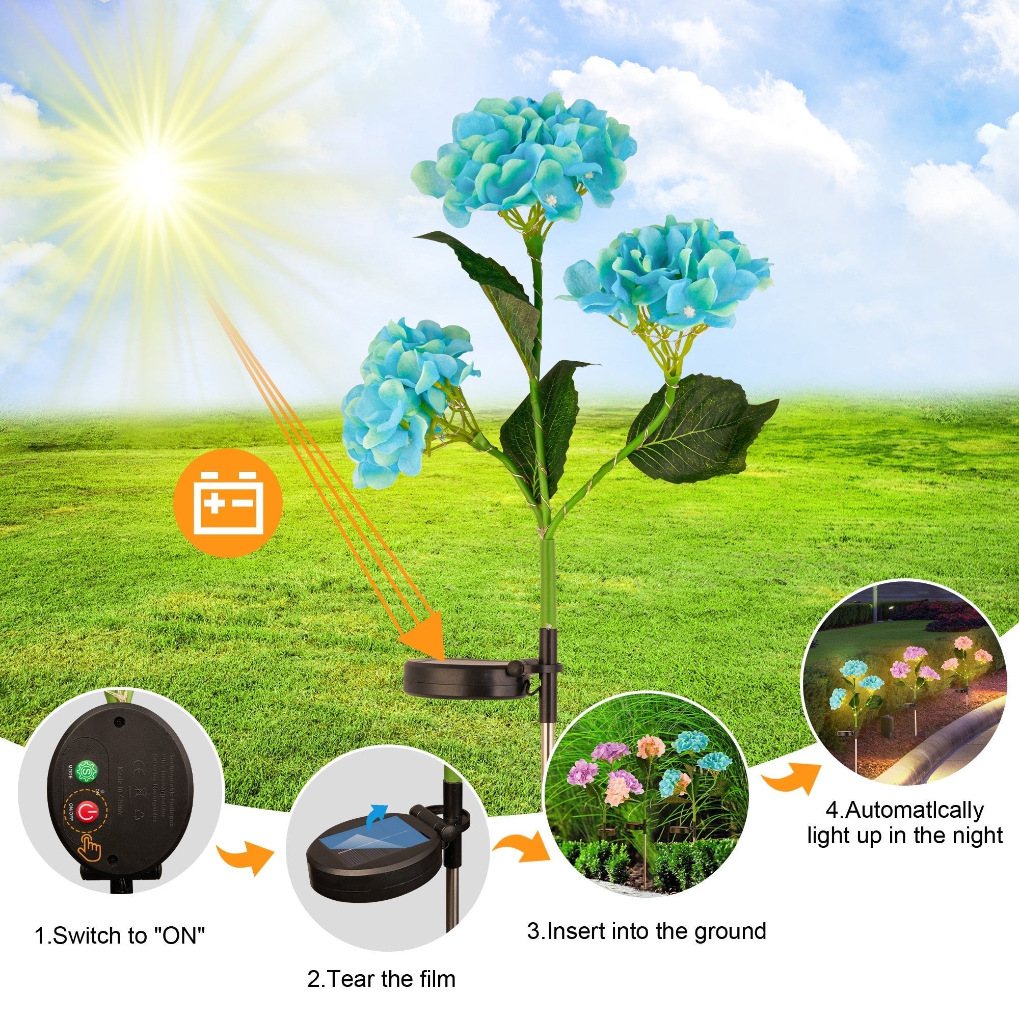 Solar Powered Hydrangea Pathway Light charges by sun and automatically lights pathways with eco-friendly garden illumination.