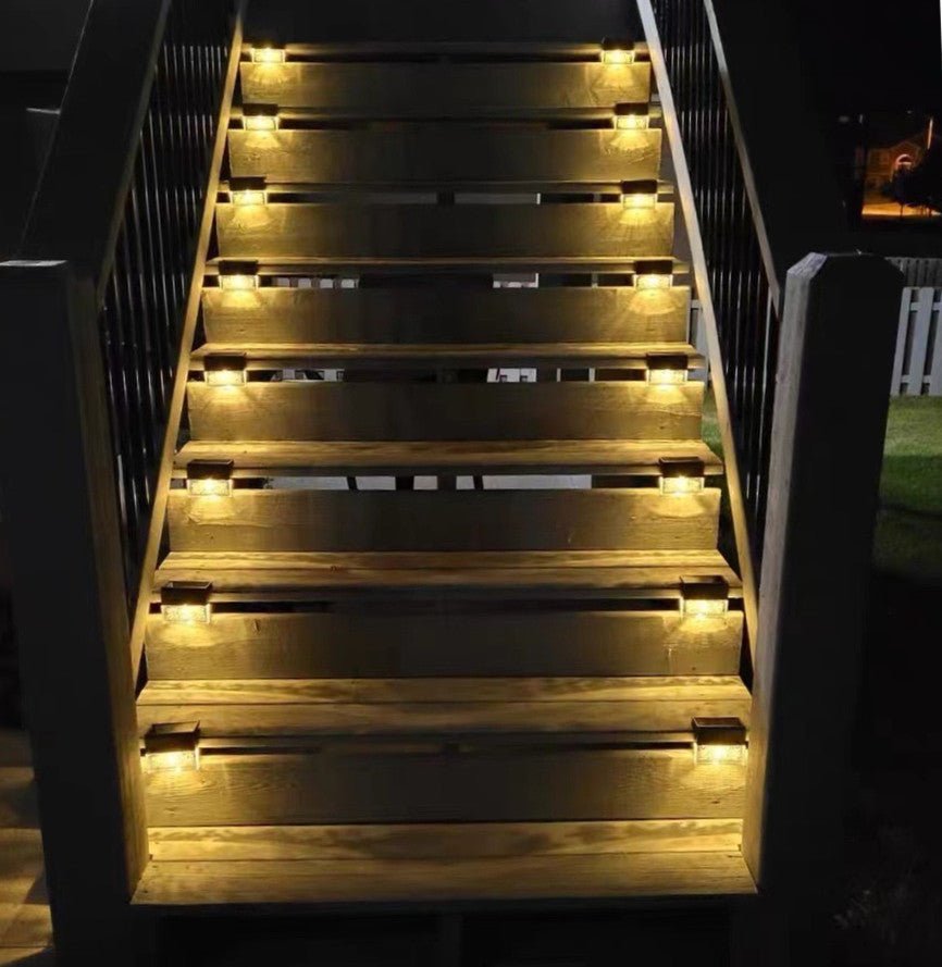 Solar Powered Ice Bricks Path Lights 6 Pack illuminating outdoor staircase with warm, eco-friendly solar lighting for safe nighttime steps.