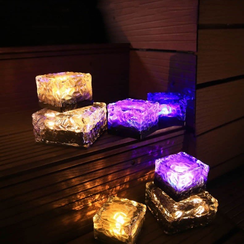 Solar Powered Ice Bricks Path Lights, 6 Pack illuminating walkway with unique ice brick design and solar-powered glow.