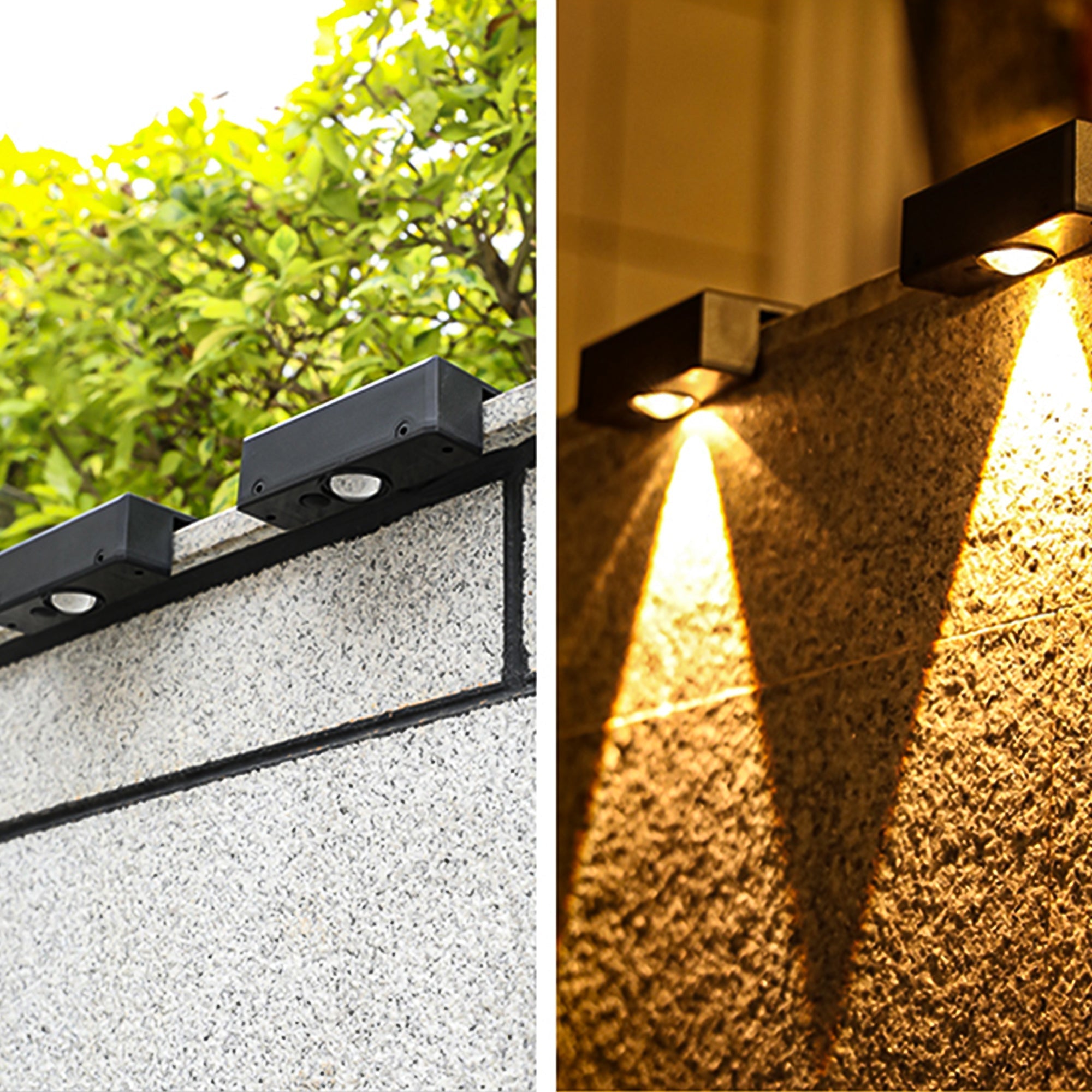 Solar Powered Outdoor Landscape Wall Lights mounted on stone wall, showing day and night views with warm illumination.