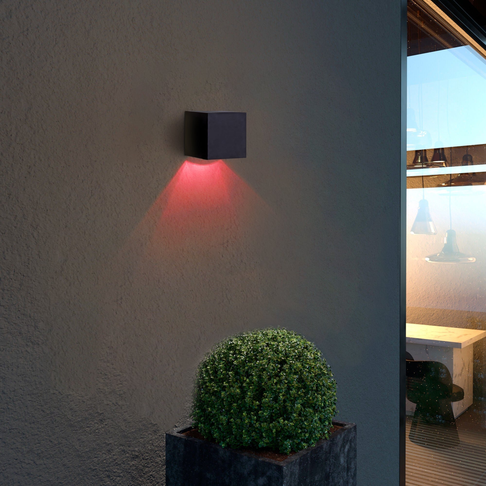 Solar Powered Outdoor Landscape Wall Lights glowing red, weatherproof and easy-install for patios and gardens.