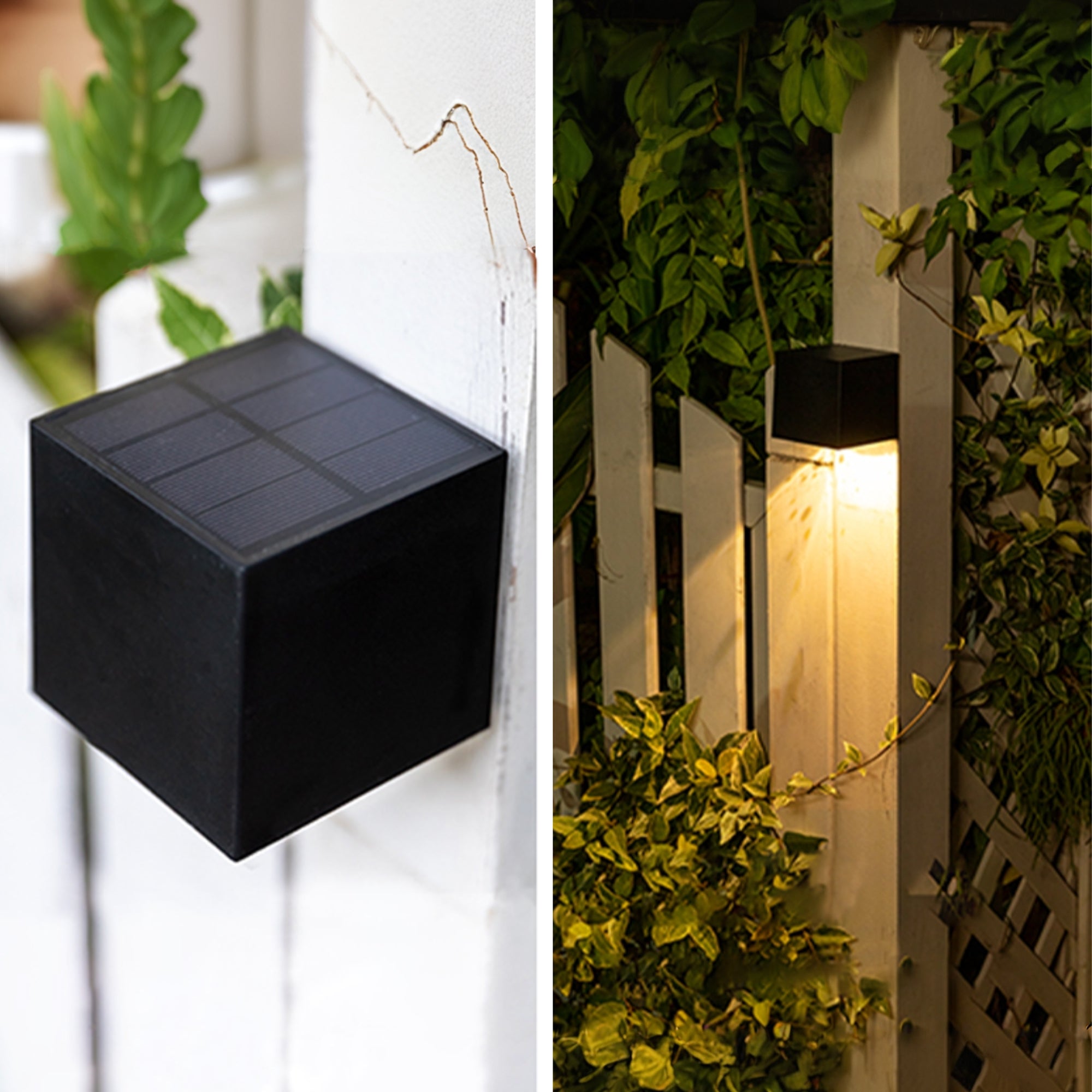 Solar Powered Outdoor Landscape Wall Lights mounted on fence, weatherproof, auto-activate, bright and stylish lighting solution.