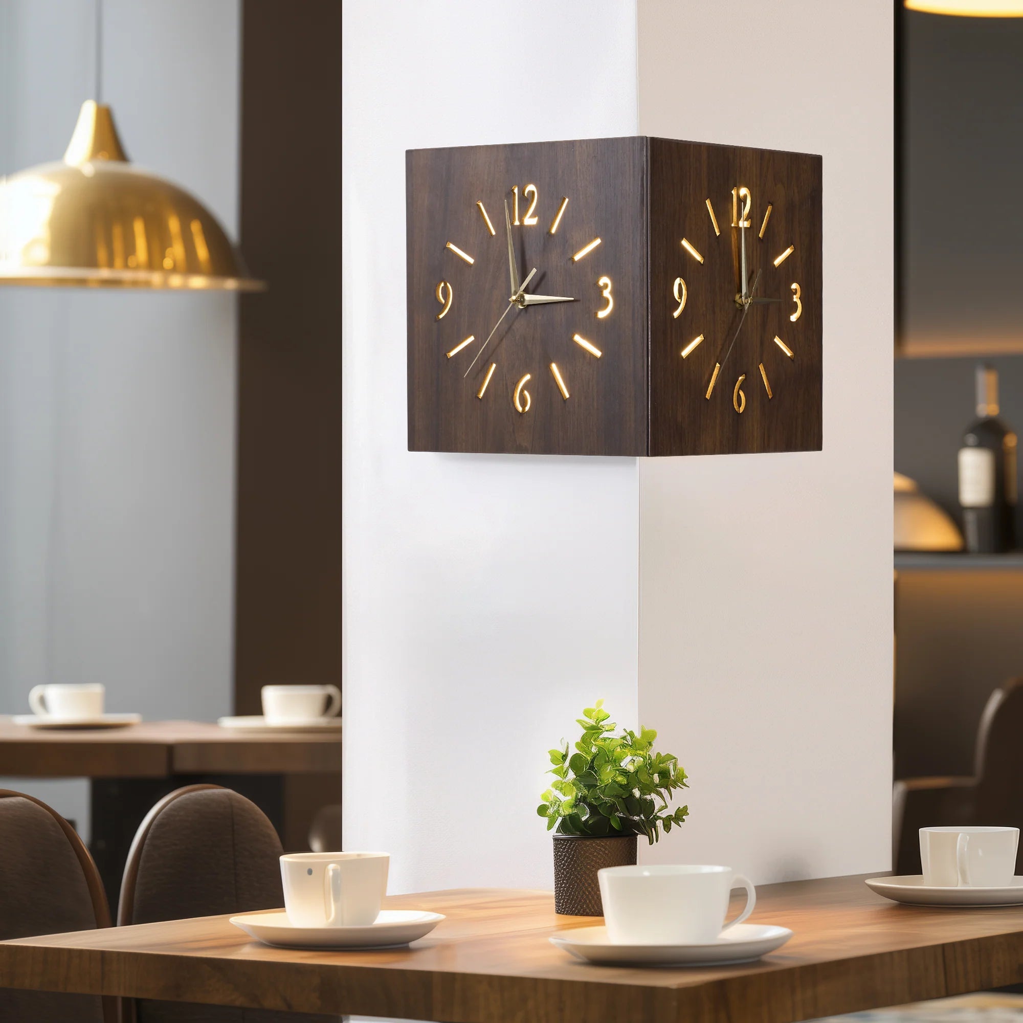 Sound and Darkness Activated Wall Corner Clock glowing softly on corner wall in modern cozy dining room setting