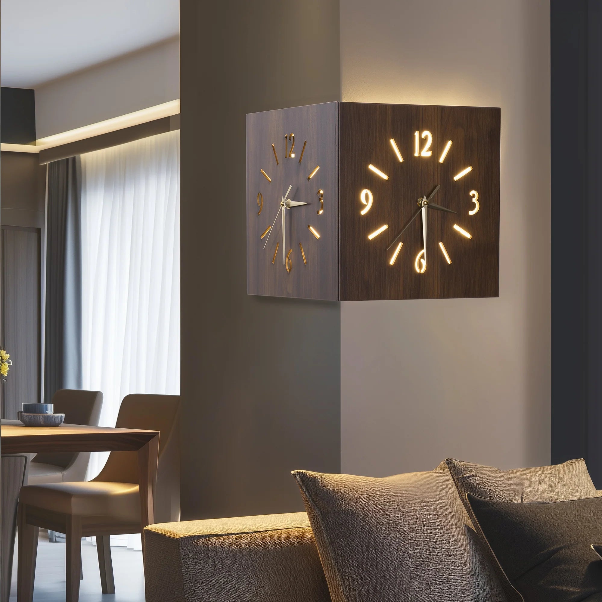 Sound and Darkness Activated Wall Corner Clock glowing softly in a modern living room corner at night.