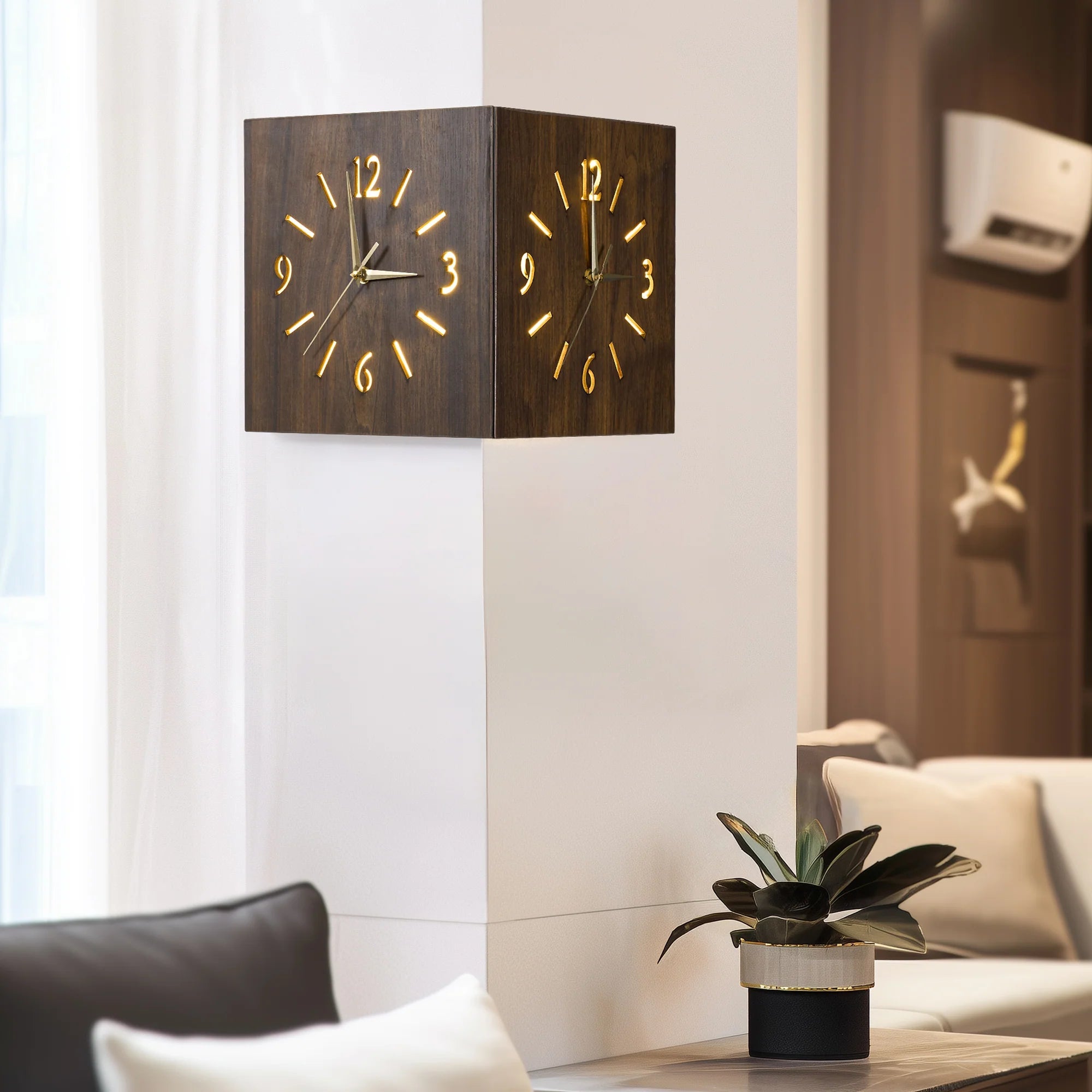 Sound and Darkness Activated Wall Corner Clock with illuminated numbers on wood in modern living room corner.