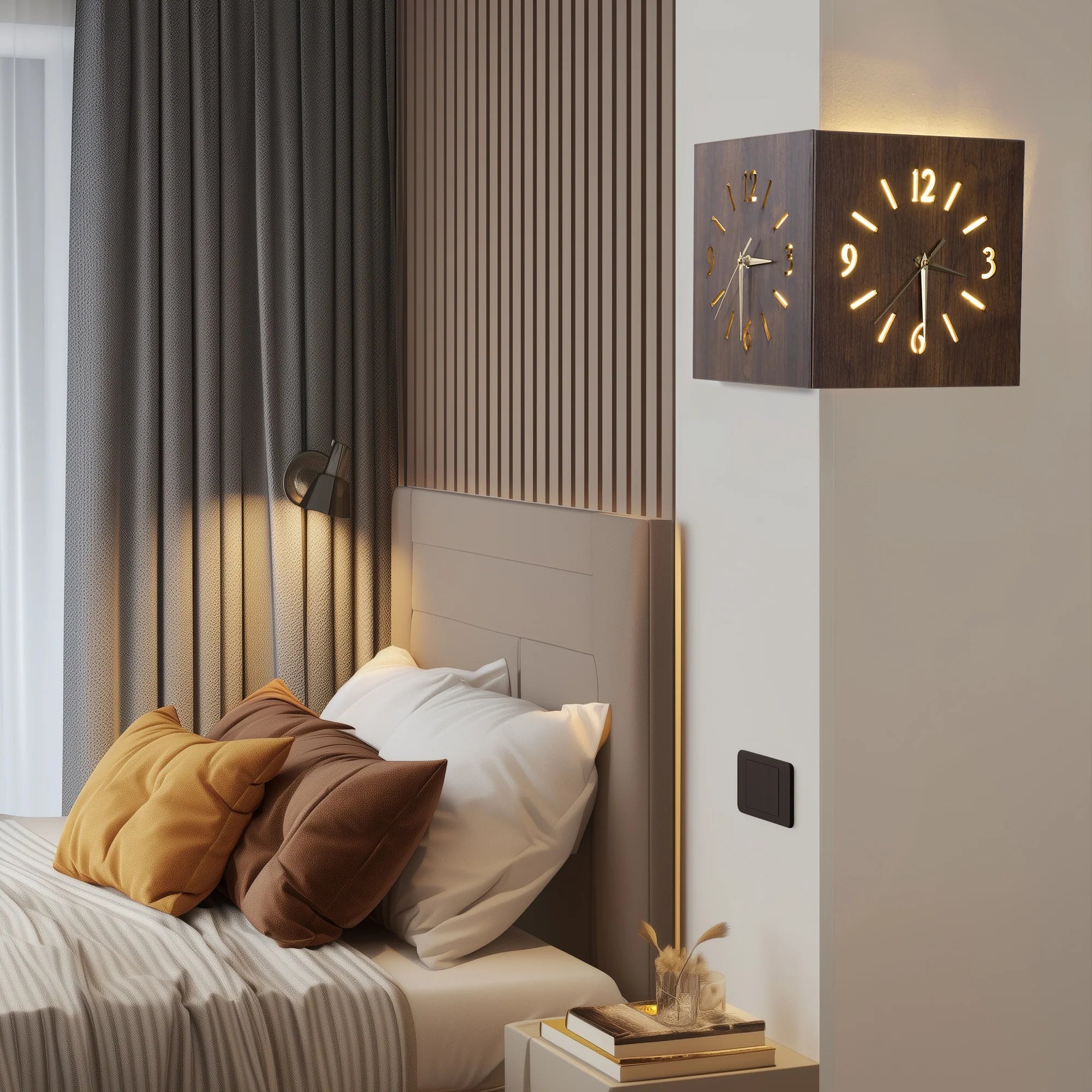 Sound and Darkness Activated Wall Corner Clock illuminating a modern bedroom corner with silent, voice-activated time display.