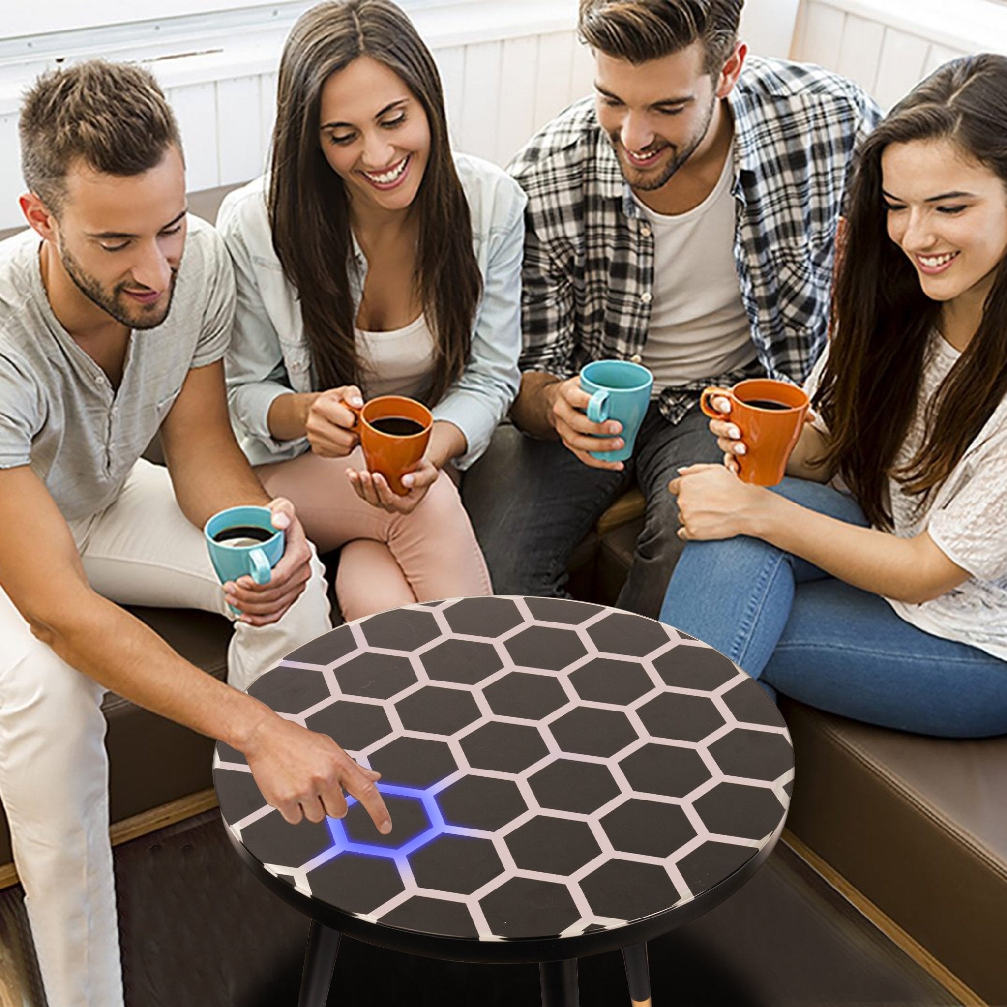 Touch & Glow Coffee Table with futuristic touch-sensitive light-up surface creating ambiance and conversation in a modern living room.
