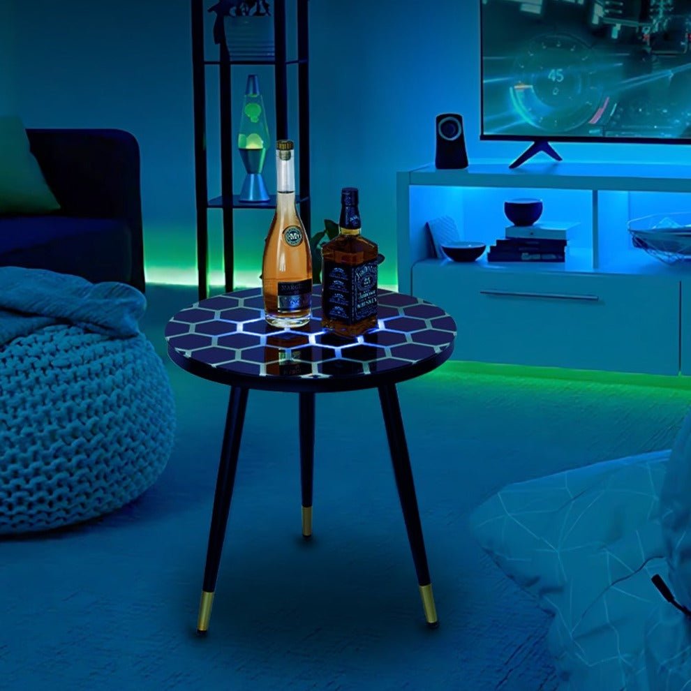 Touch & Glow Coffee Table with illuminated hexagonal surface in stylish modern living room setting.