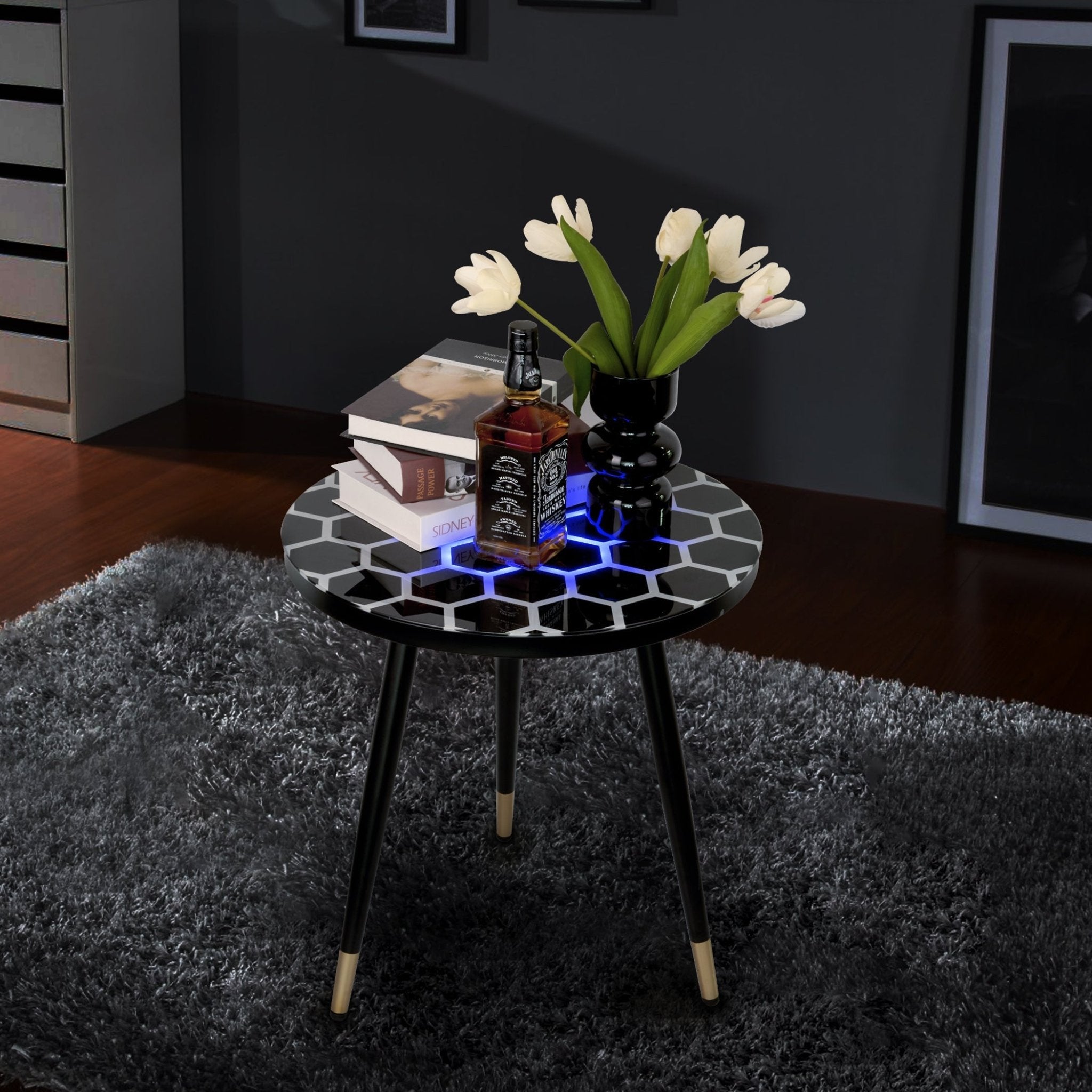 Touch & Glow Coffee Table with hexagonal pattern surface illuminating under objects, adding modern interactive style.