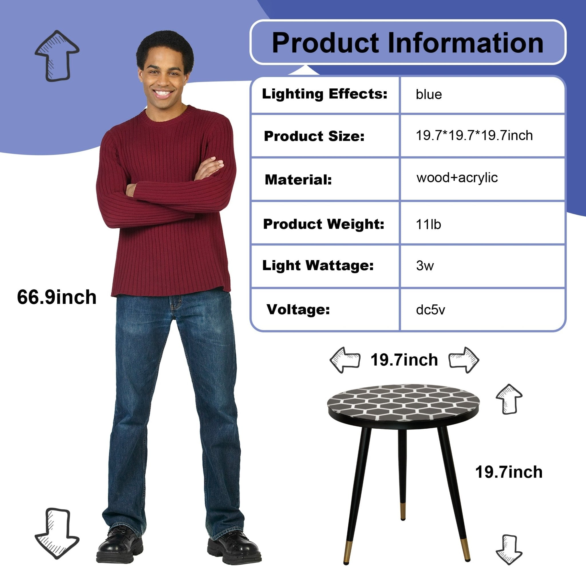 Touch & Glow Coffee Table with blue lighting, wood and acrylic, modern touch-sensitive interactive design.