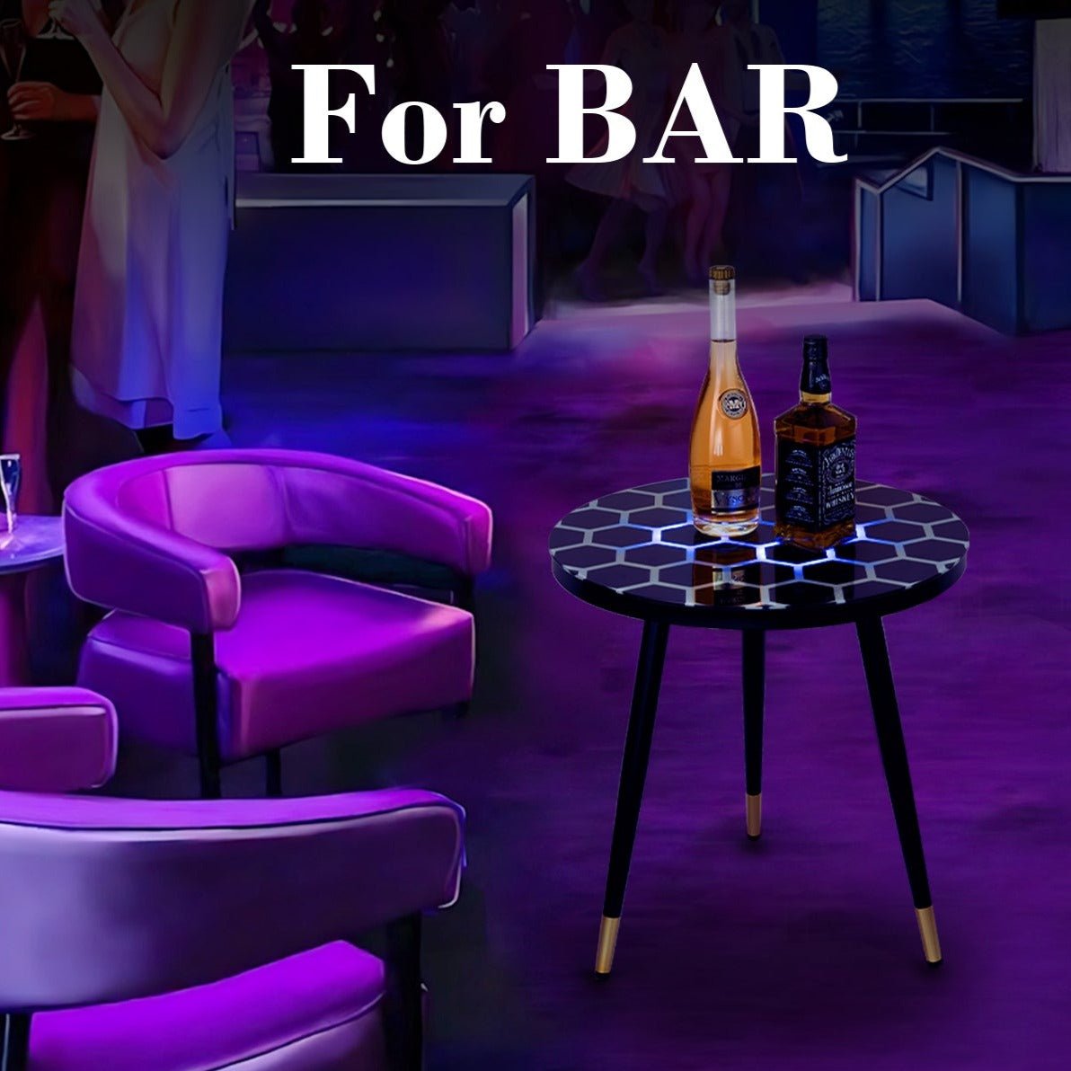 Touch & Glow Coffee Table showcasing a sleek bar setting with illuminated touch-sensitive surface and modern design.