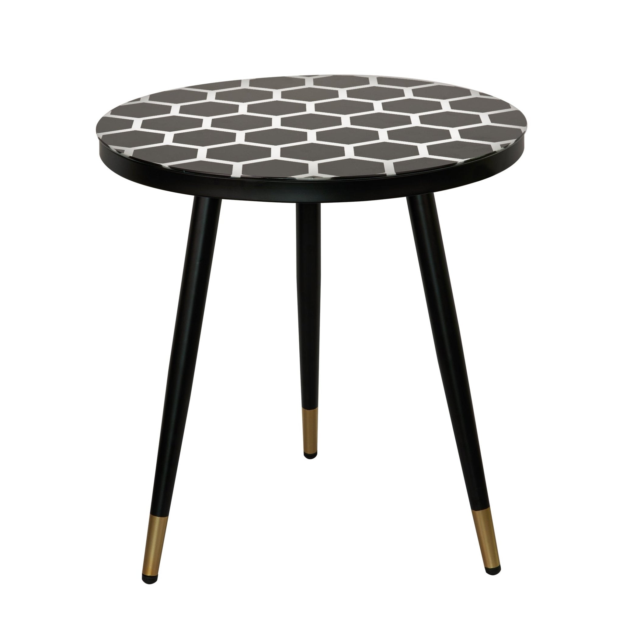 Touch & Glow Coffee Table with hexagonal patterned surface, sleek black legs and gold tip accents, modern minimalist design.