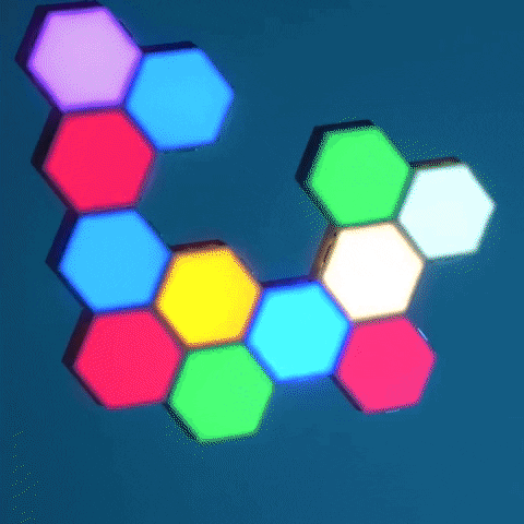 Modular touch-sensitive hexagon LED wall lights in multiple colors.