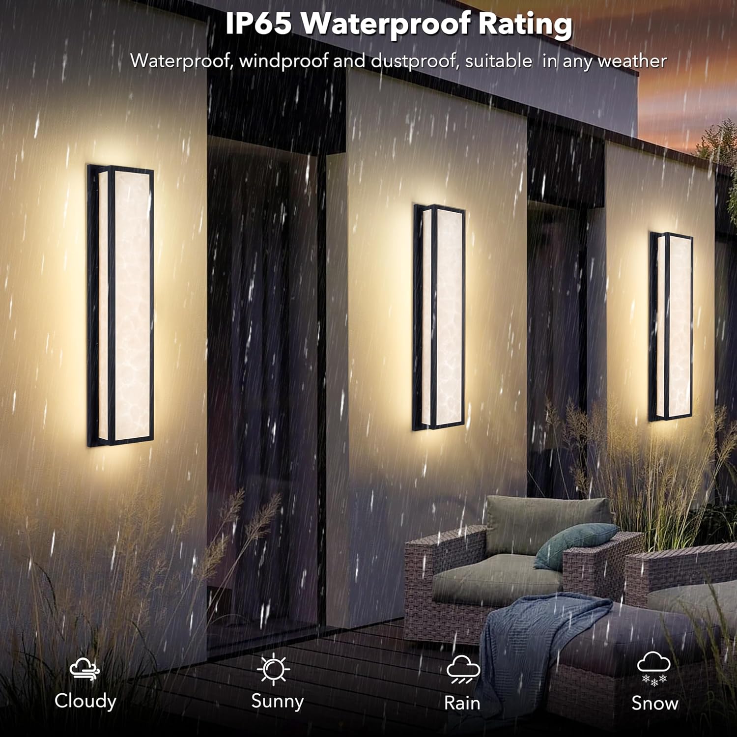 Waterproof Marble Front Porch Light Exterior Wall Sconce illuminating outdoor space in rainy weather with IP65 rating.