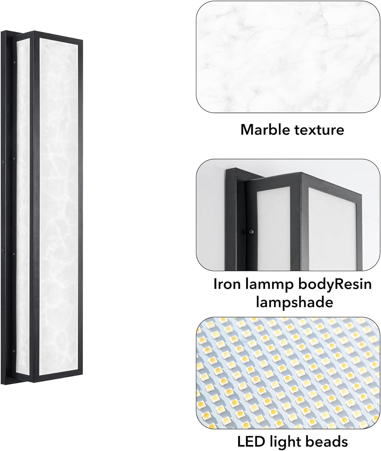 Waterproof Marble Front Porch Light Exterior Wall Sconce with marble texture, iron body, resin shade, and LED light beads.