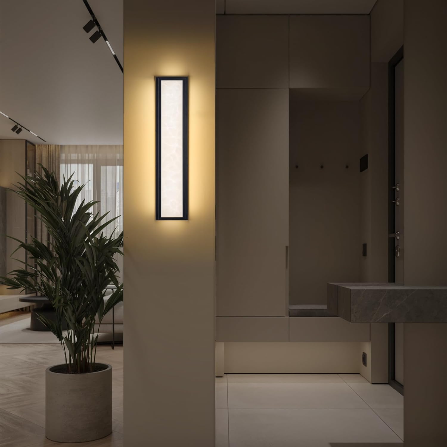 Waterproof Marble Front Porch Light Exterior Wall Sconce illuminating modern entryway with elegant marble-patterned shade.