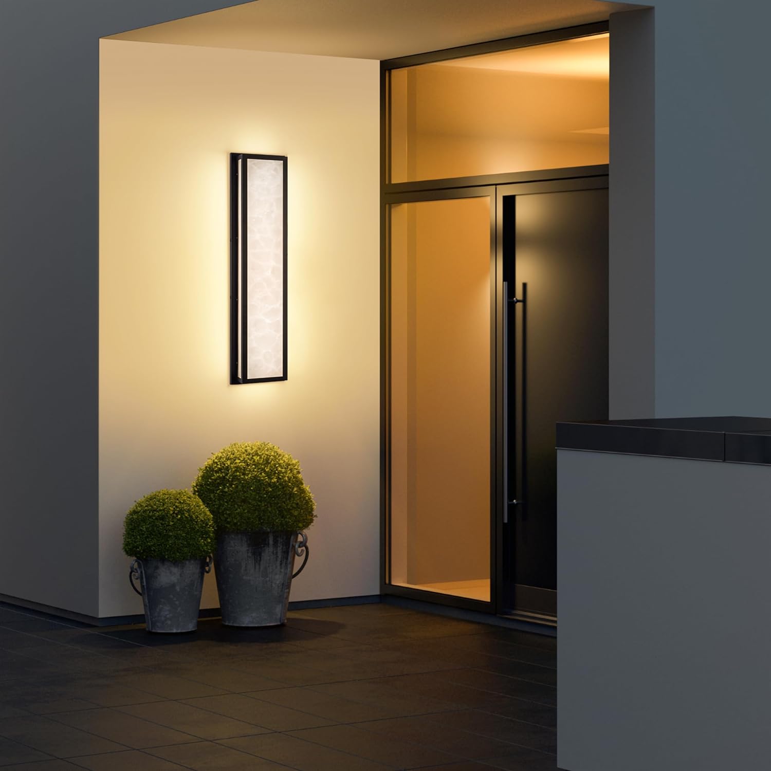 Waterproof Marble Front Porch Light Exterior Wall Sconce illuminating modern entryway with elegant marble-patterned shade.