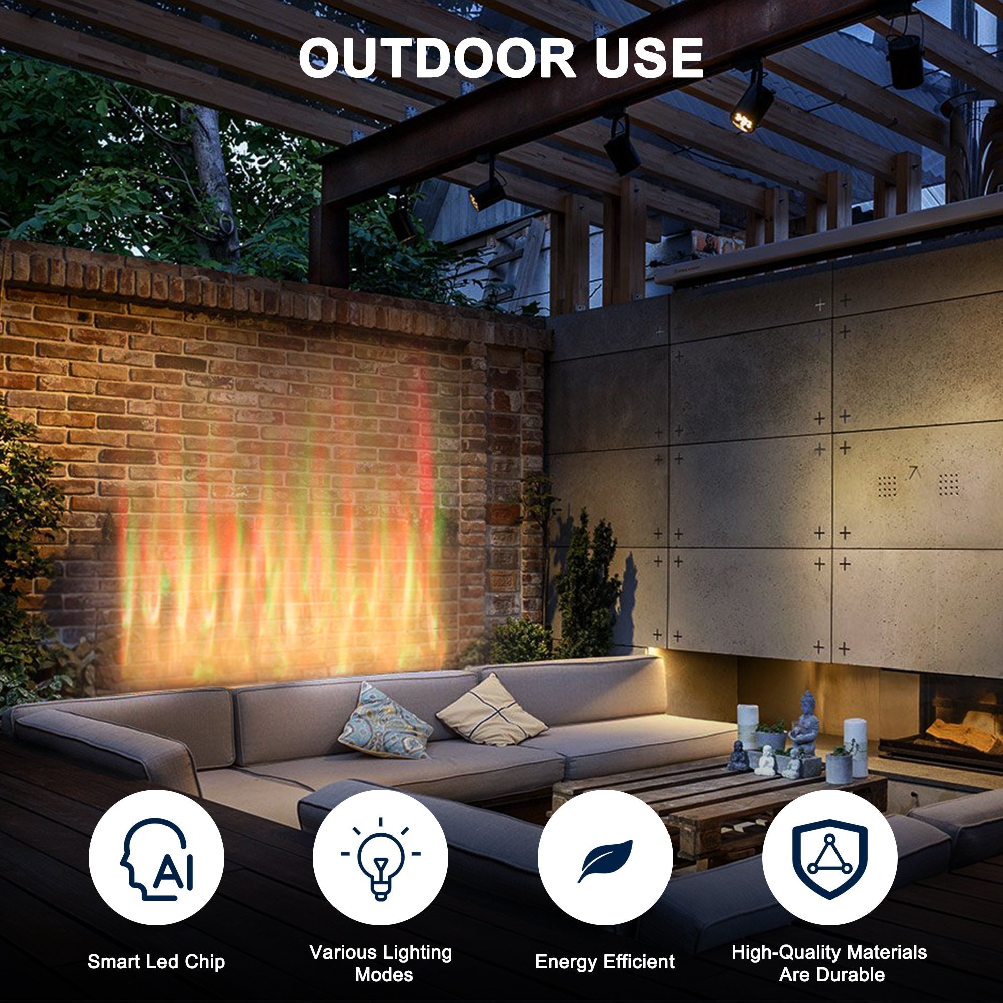 Waterproof Outdoor RGBW Ocean Wave Lights showcasing vibrant wave patterns lighting up a stylish outdoor patio space.