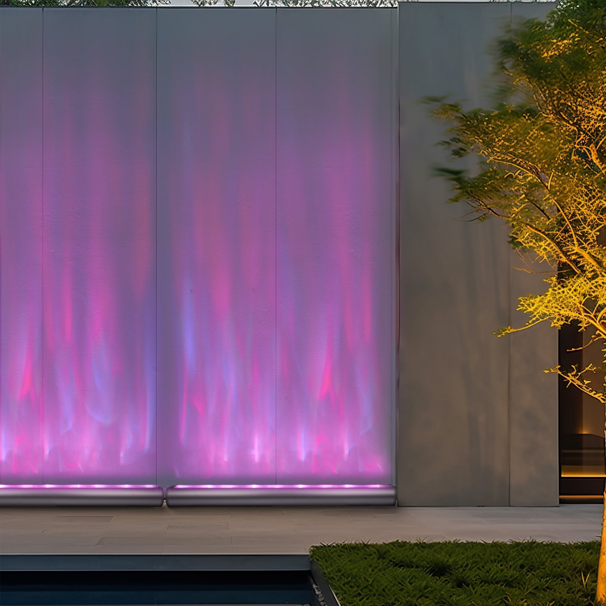 Waterproof Outdoor RGBW Ocean Wave Lights projecting vibrant pink and blue waves on an outdoor wall for ambiance.