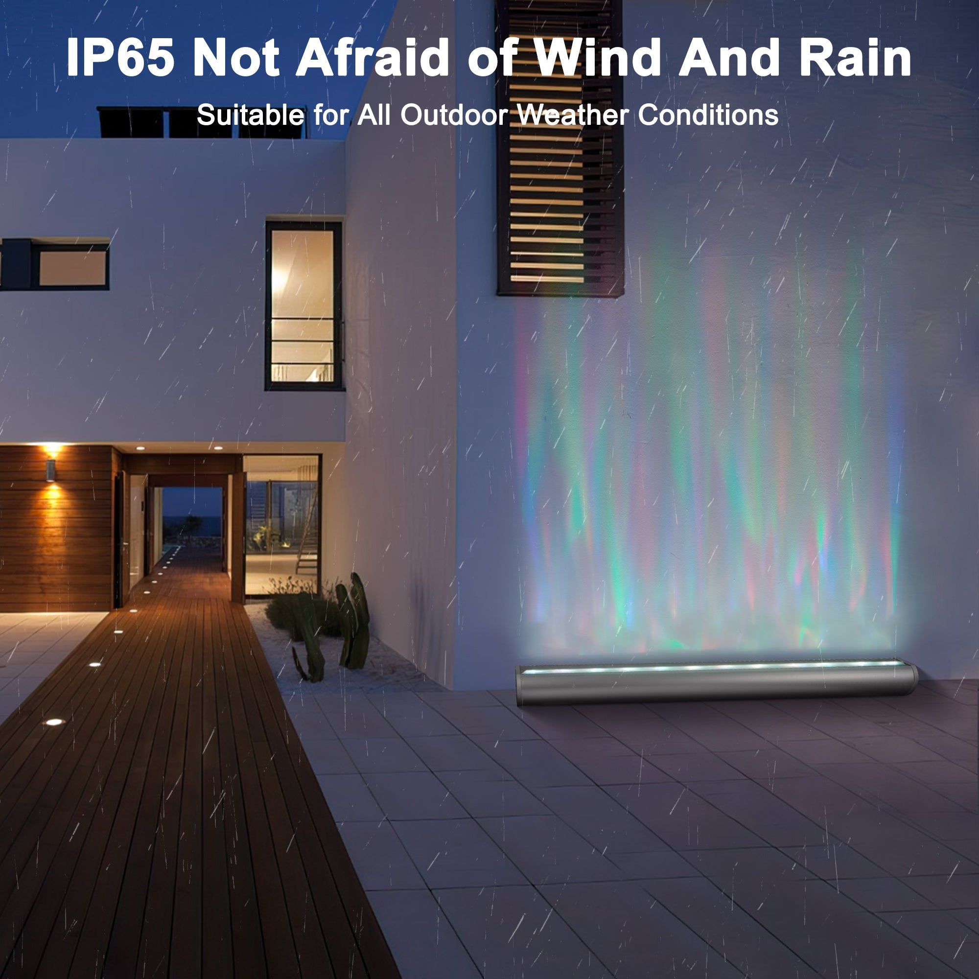 Waterproof Outdoor RGBW Ocean Wave Lights projecting vibrant colors on patio wall in rainy weather, IP65 rated.