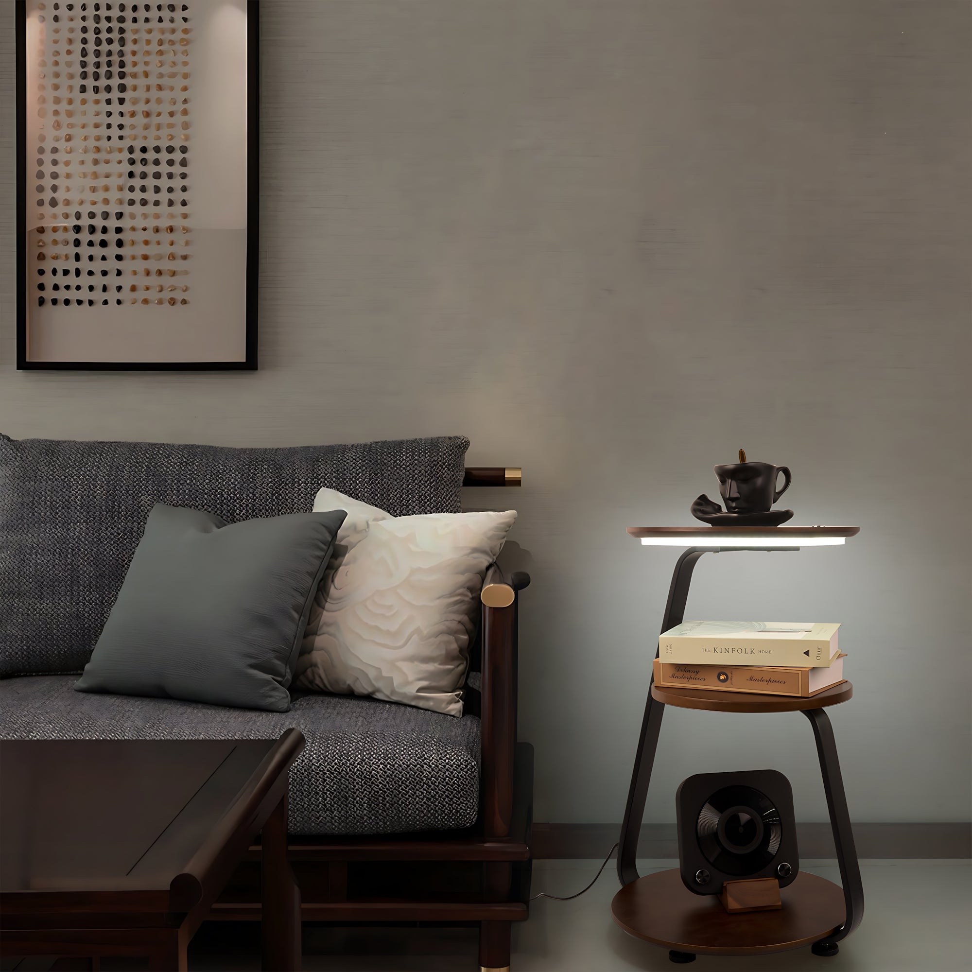 Wireless Charging LED Nightstand with dimmable LED lamp, modern design, and clutter-free bedside charging station.