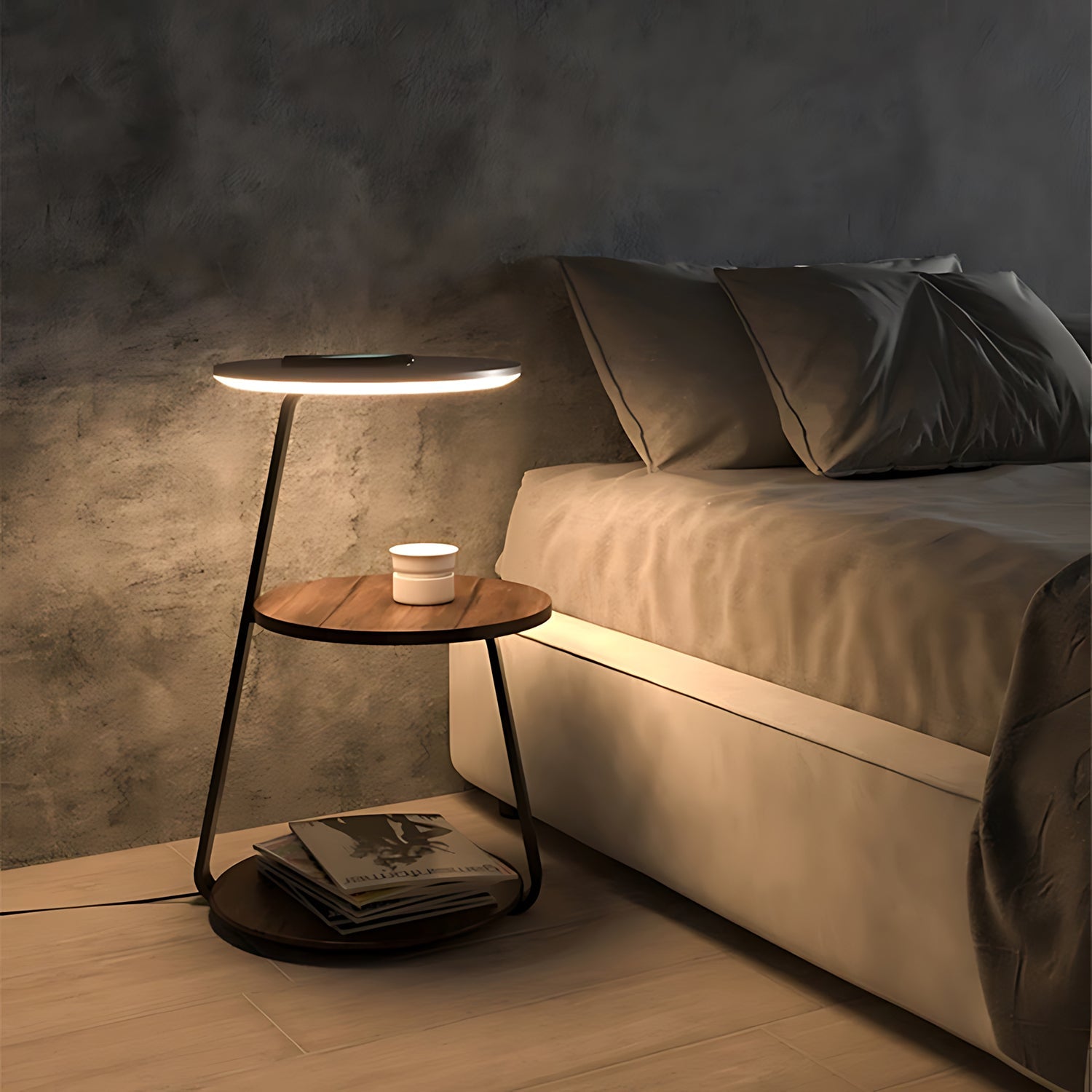 Wireless Charging LED Nightstand with dimmable LED lamp in modern bedroom setting for sleek, clutter-free style and convenience.