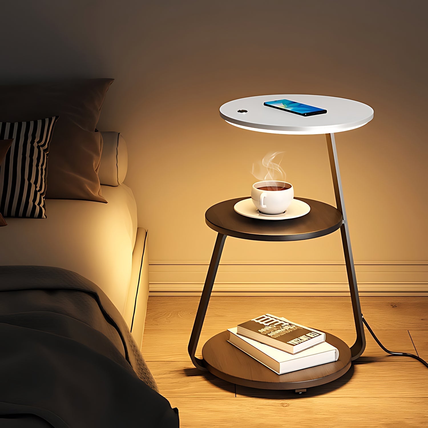 Wireless Charging LED Nightstand with sleek design, dimmable LED lamp, and convenient wireless phone charging by bedside.