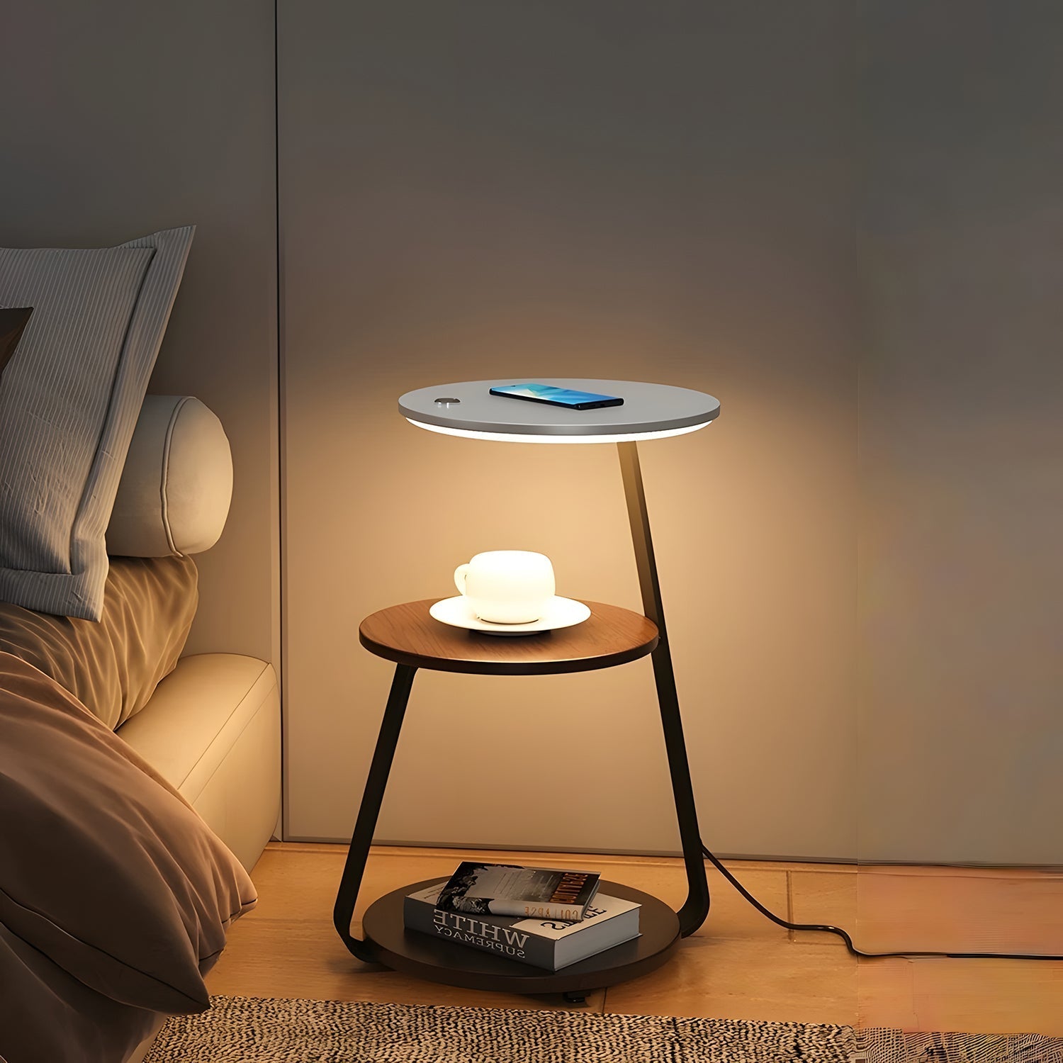 Wireless Charging LED Nightstand with dimmable lamp and sleek design for a clutter-free, stylish bedside charging solution.